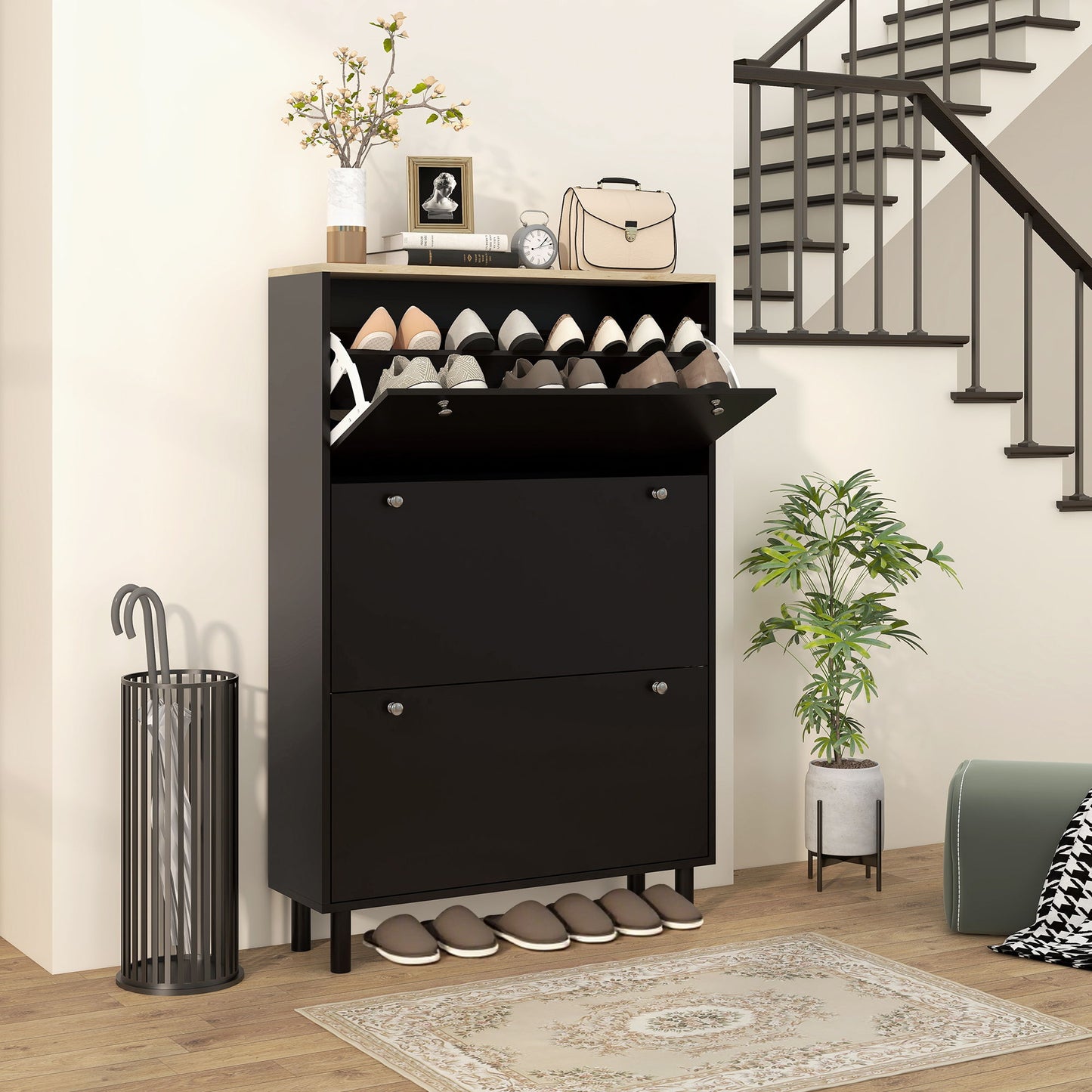 Shoe Storage with 3 Flip Drawers and Adjustable Shelves, Entryway Shoe Storage Cabinet for 24 Pairs of Shoes, Black