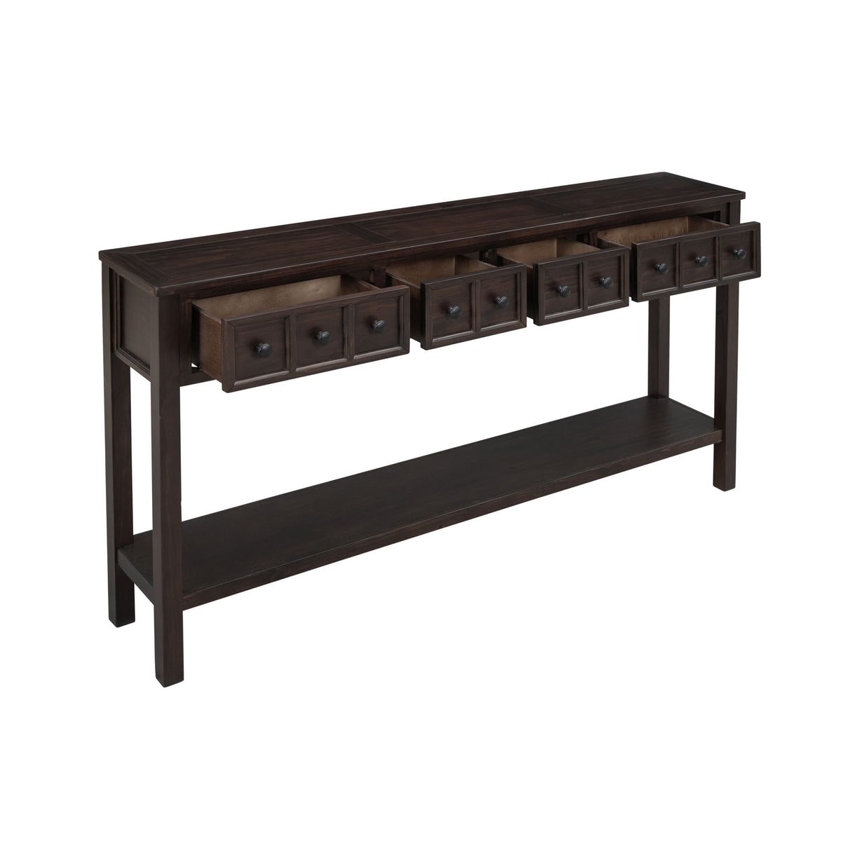 Rustic Entryway Console Table with Two Size Drawers, Bottom Shelf, Solid Timber Frame, Distressed Finish, 60" L x 11" W x 34" H, Dark Brown
