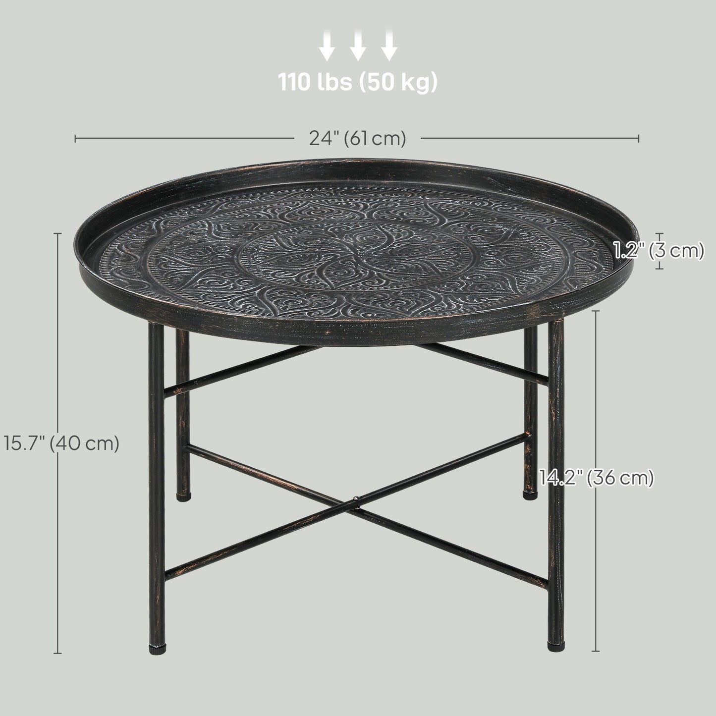 Vintage Coffee Table for Living Room, 24" Round Center Table with Hammered Tray Top and Metal Frame, Pewter
