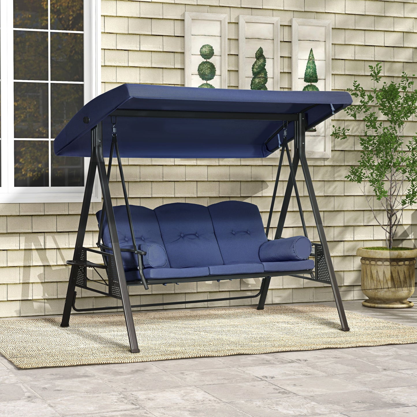 Outdoor Patio 3-Person Steel Canopy Cushioned Seat Bench Swing with Included Side Trays & Padded Comfort, Dark Blue