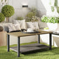 2-Tier Rectangle Outdoor Coffee Table, Patio Table with Wood-Effect Metal Top, Wicker Shelf for Garden, Backyard, Brown