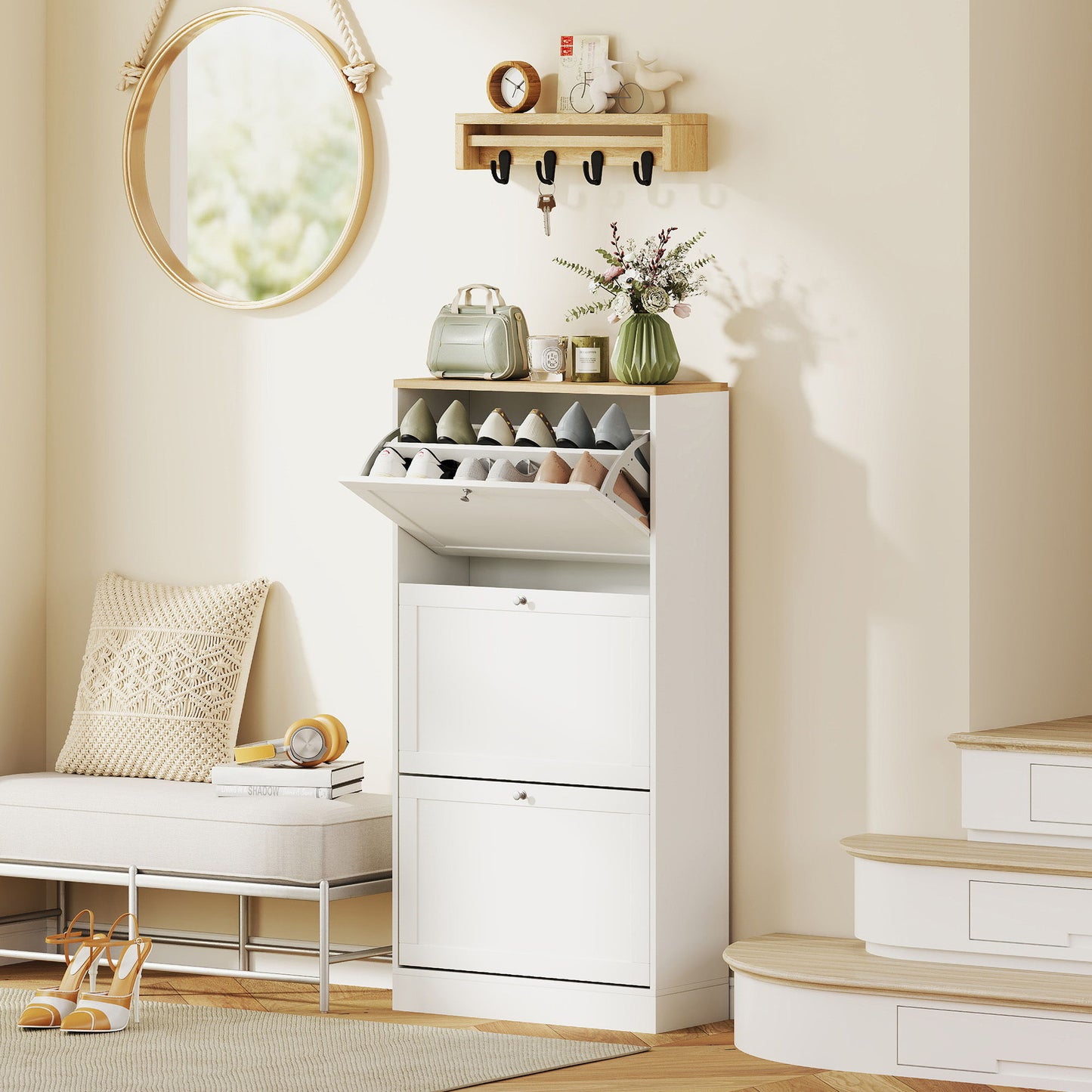 Modern Shoe Storage with 3 Flip Drawers and Adjustable Shelves, Shoe Cabinet Organizer for 12-18 Pairs of Shoes, White