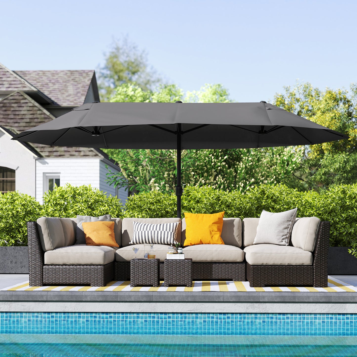 15ft Double-sided Outdoor Sun Umbrella with Twin Canopy, Outdoor Parasol with Crank for Pool, Deck, Black