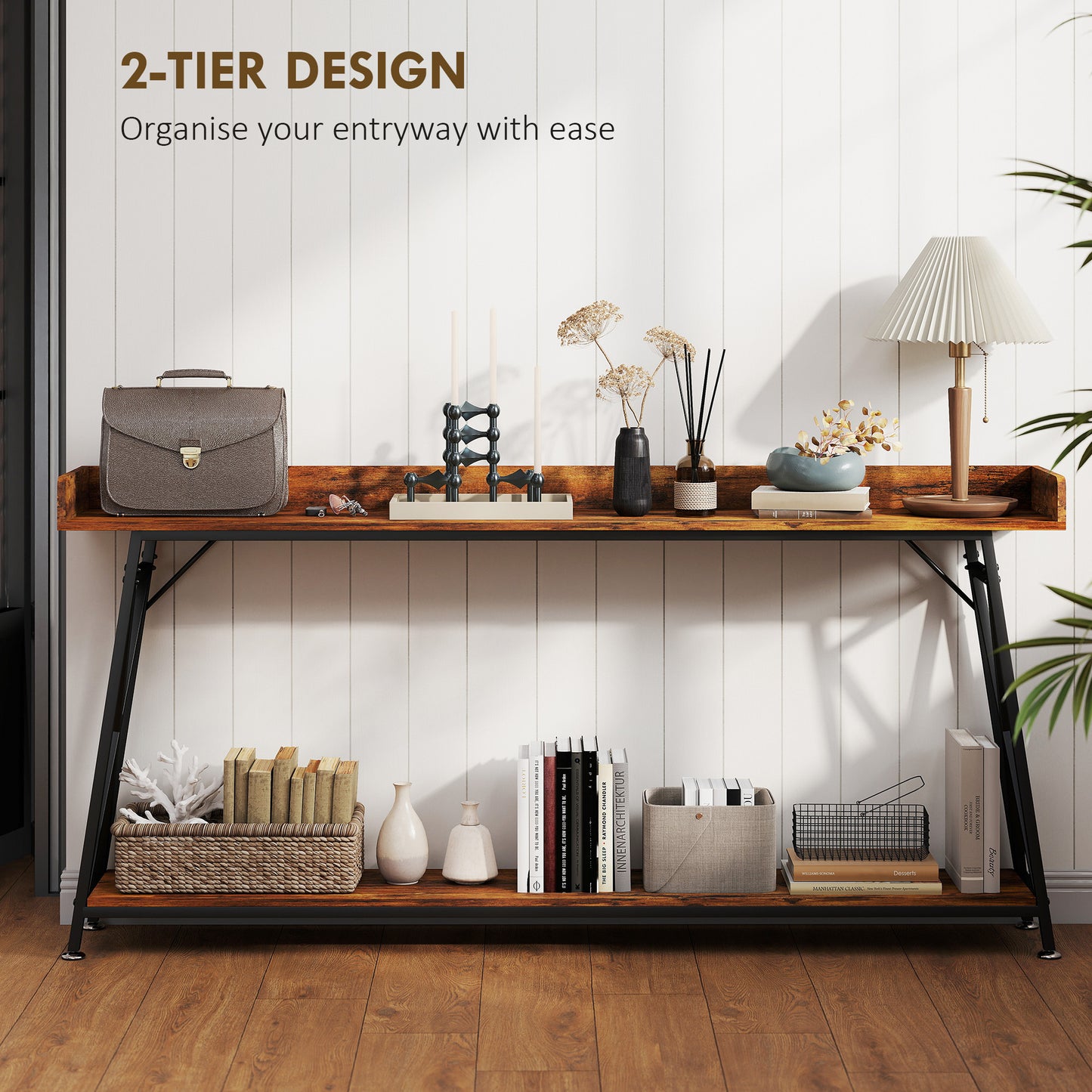 71" Extra Long Console Table with Storage Shelf and Guardrails, Industrial Entryway Table for Living Room, Rustic Brown