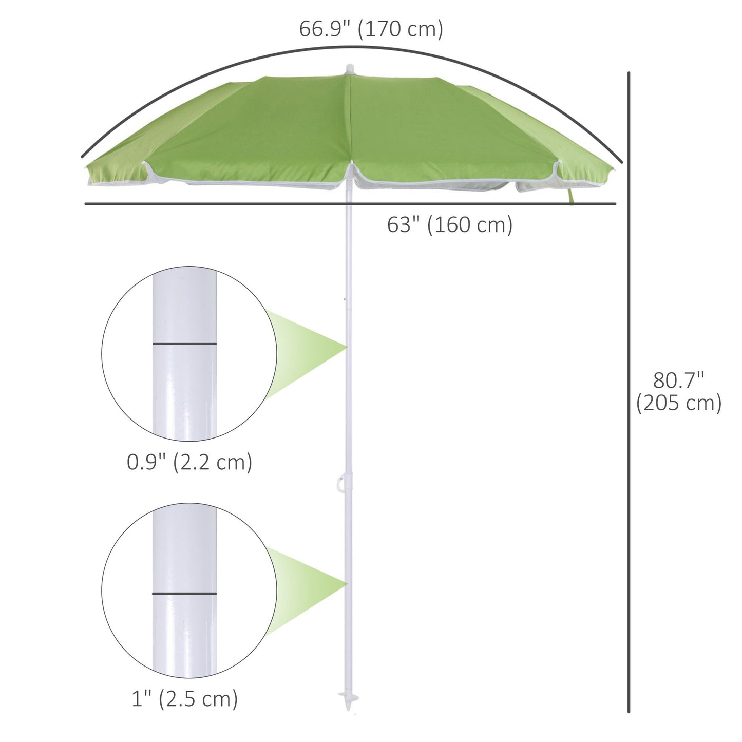 6.7ft Beach Umbrella with Push Button Tilt, Ruffled Outdoor Umbrella with Carry Bag and 8 Ribs, Green