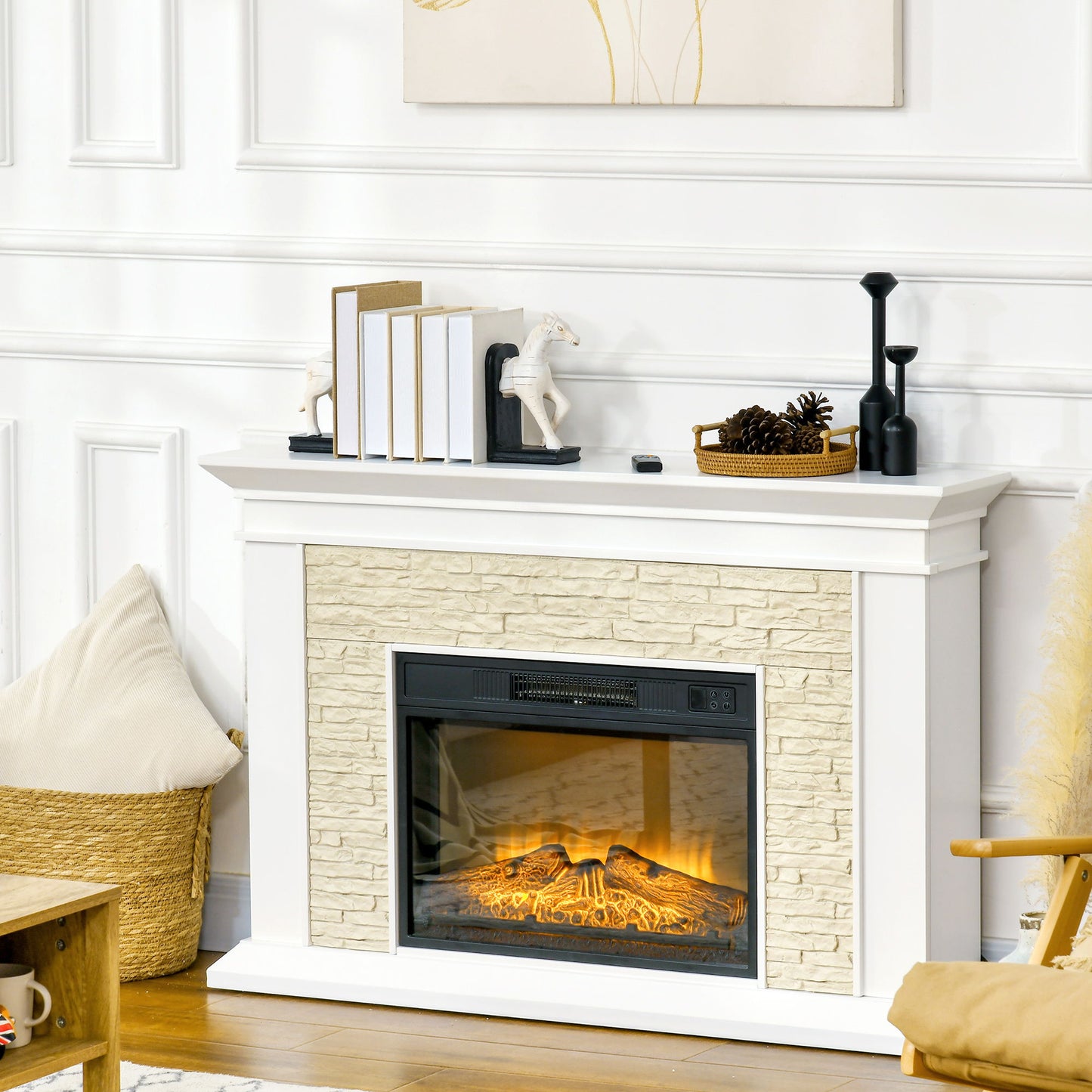 47" Electric Fireplace with Mantel, 1400W Freestanding Fireplace Heater with Remote Control, Overheat Protection, Timer, White
