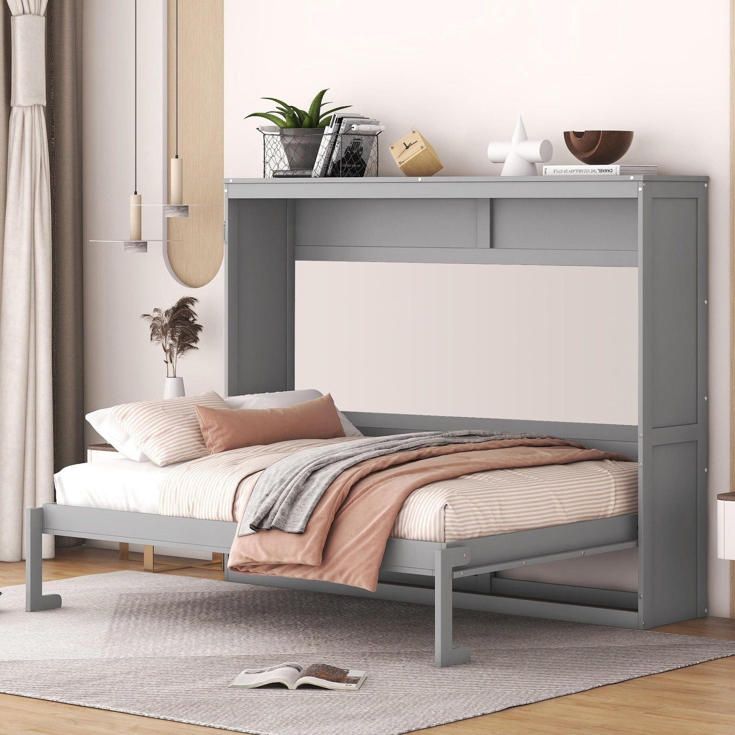 Full Size Murphy Wall Bed with Slatted Mattress Support, Space-Saving Cabinet Bed with Dual-Piston Lift, 77.5'' L x 61.5'' W x 62'' H, Gray