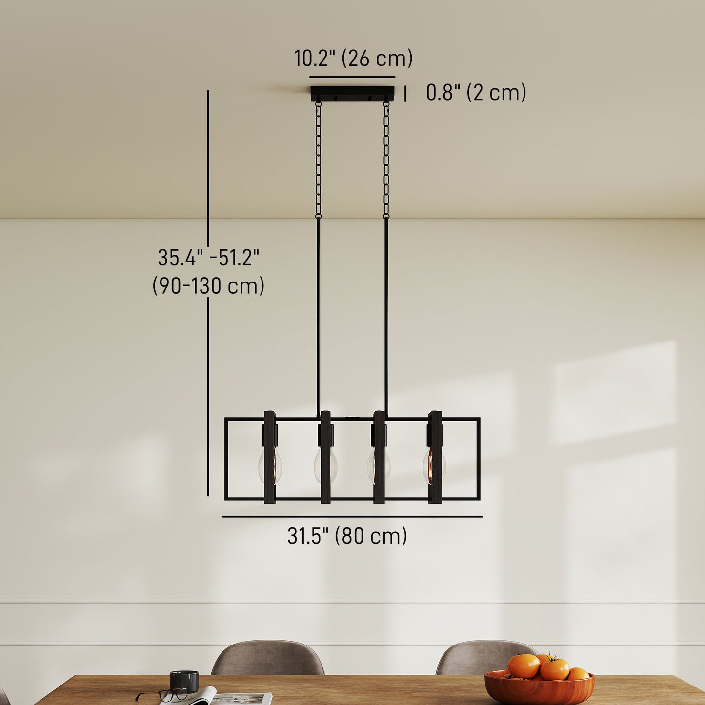 Farmhouse Kitchen Island Lighting, Linear Pendant Light with 4 Rotatable Frames and Adjustable Height, Black