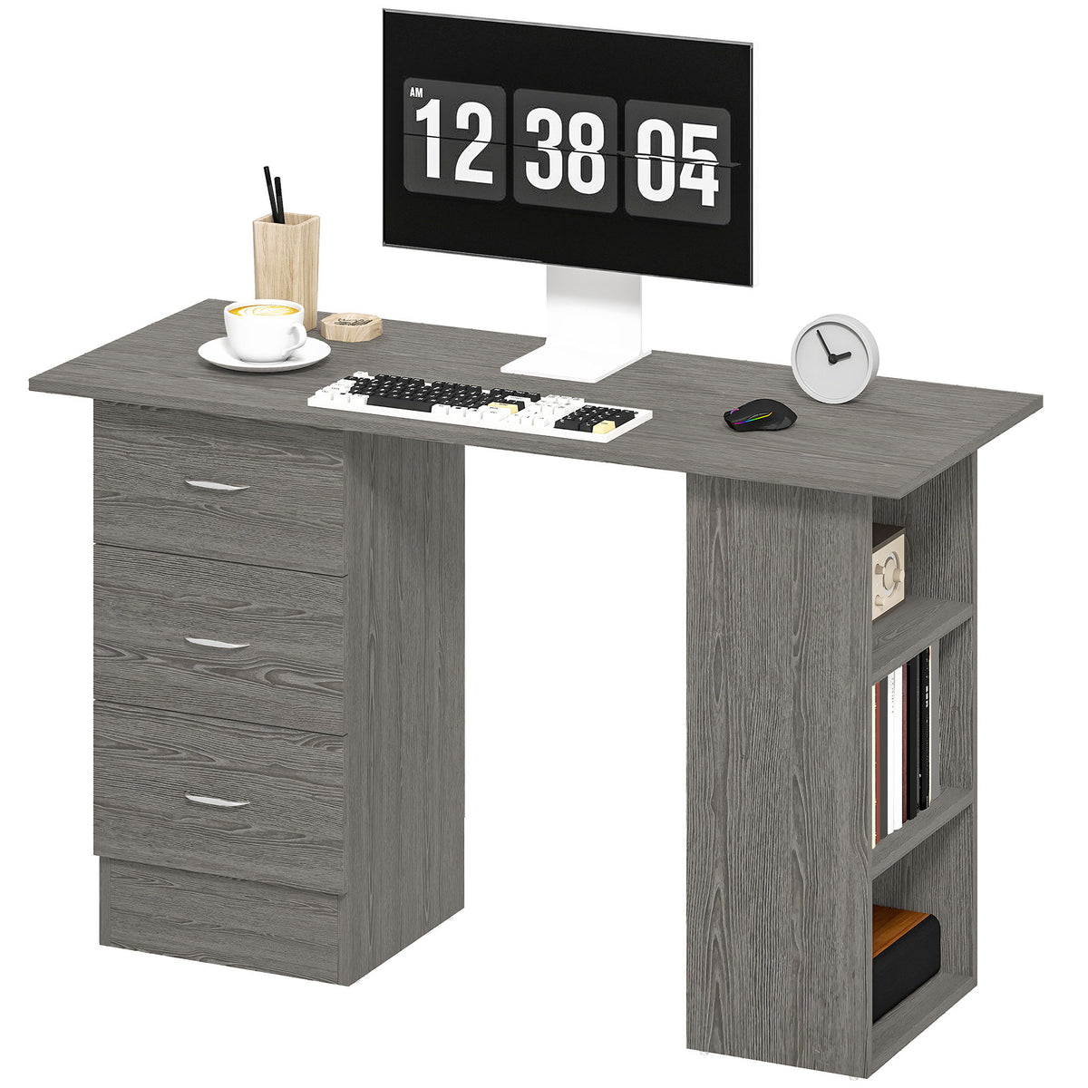 Computer Desk, 47" Writing Table with 3-Tier Shelves and 3 Reversible Drawers for Home Office, Bedroom, Grey
