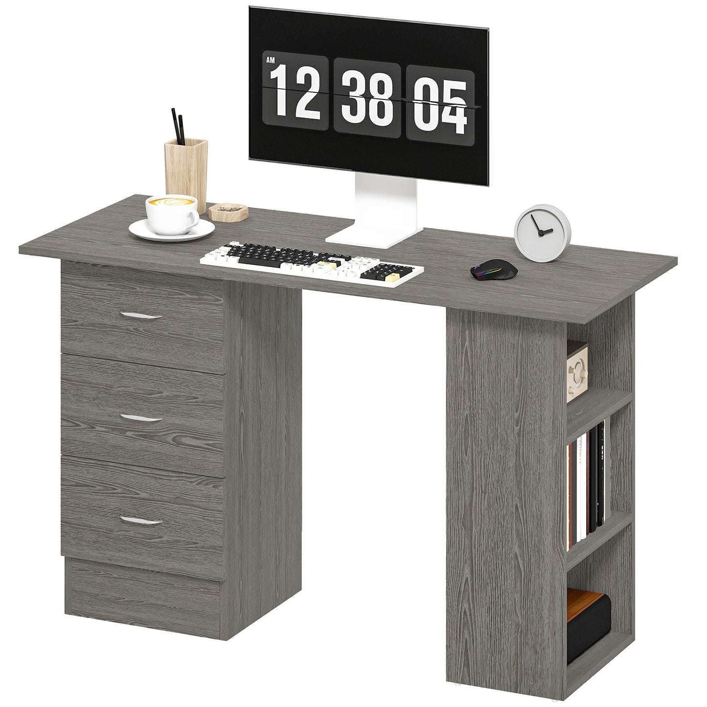 Computer Desk, 47" Writing Table with 3-Tier Shelves and 3 Reversible Drawers for Home Office, Bedroom, Grey