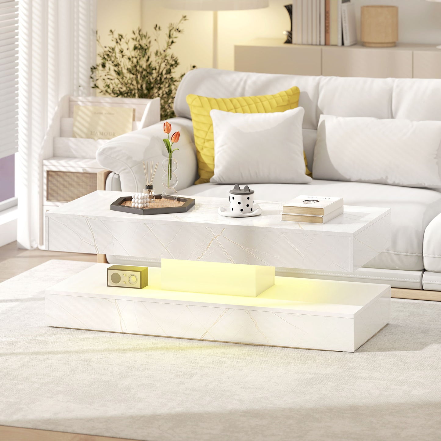 Coffee Table with Adjustable LED Lights, Center Table with 2 Drawers, Open Shelf, Remote, High Gloss Marble-Effect White