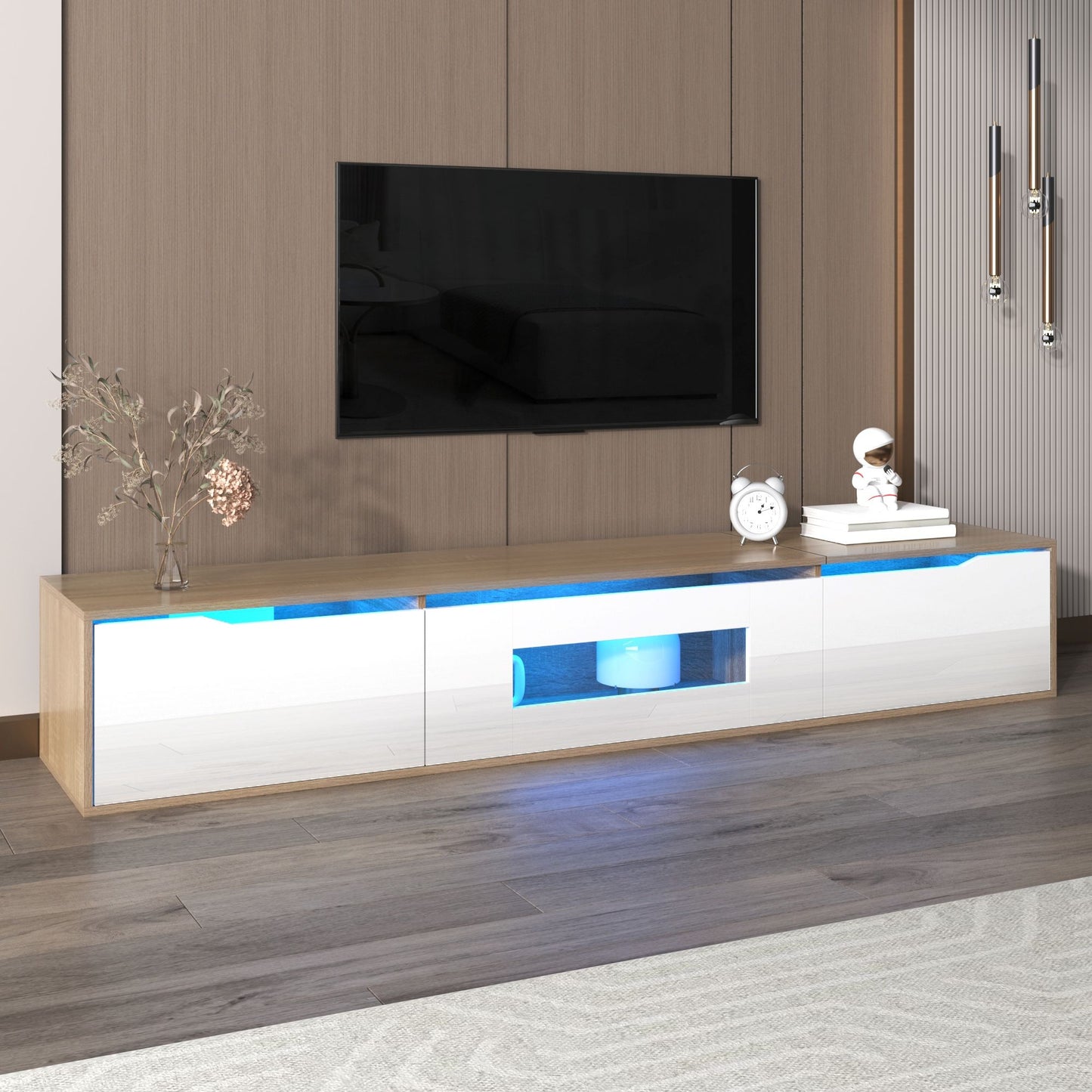 High-Gloss TV Stand with LED Lighting, Modern Design and Versatile Mounting Options, Easy to Install, 71" L x 12" W x 12" H, White+Wood
