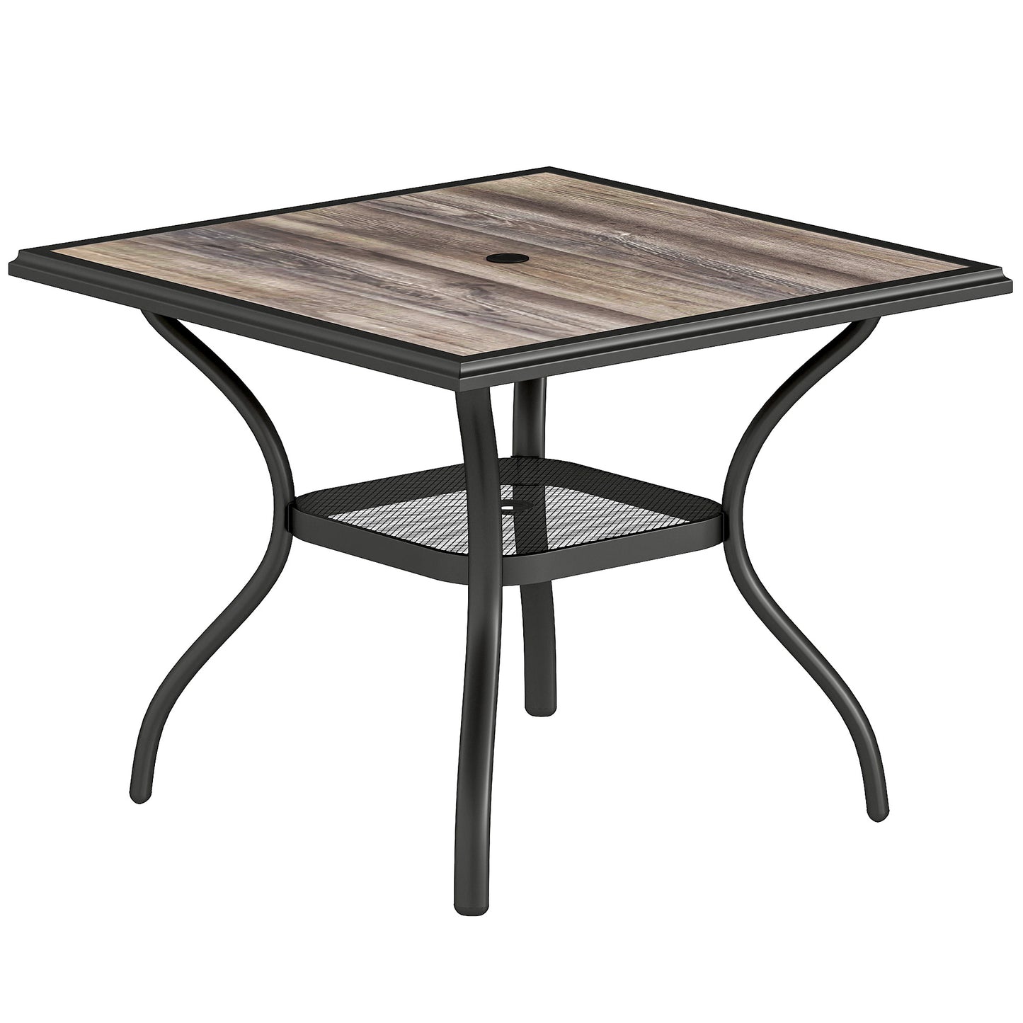 Outdoor Dining Table for 4, Square Patio Table with Umbrella Hole, Shelf, Faux Wood Top for Garden, Backyard, Grey
