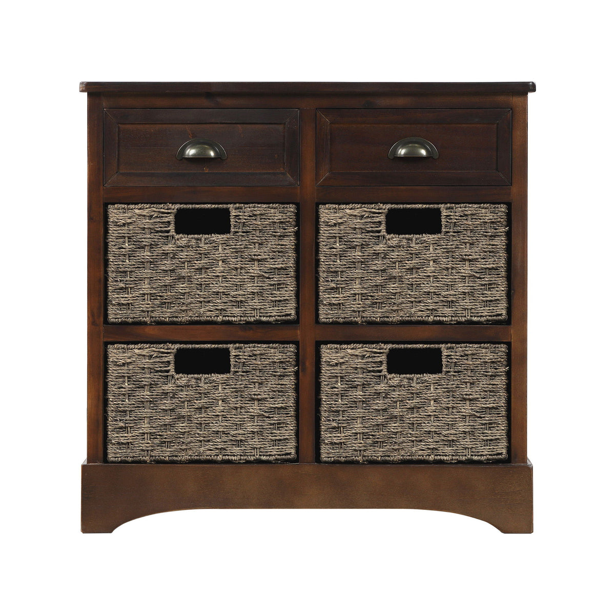Rustic Storage Cabinet with Two Drawers and Four Rattan Baskets, Modern Farmhouse Style, Acacia Wood Frame, 28" L x 12" W x 28" H, Brown