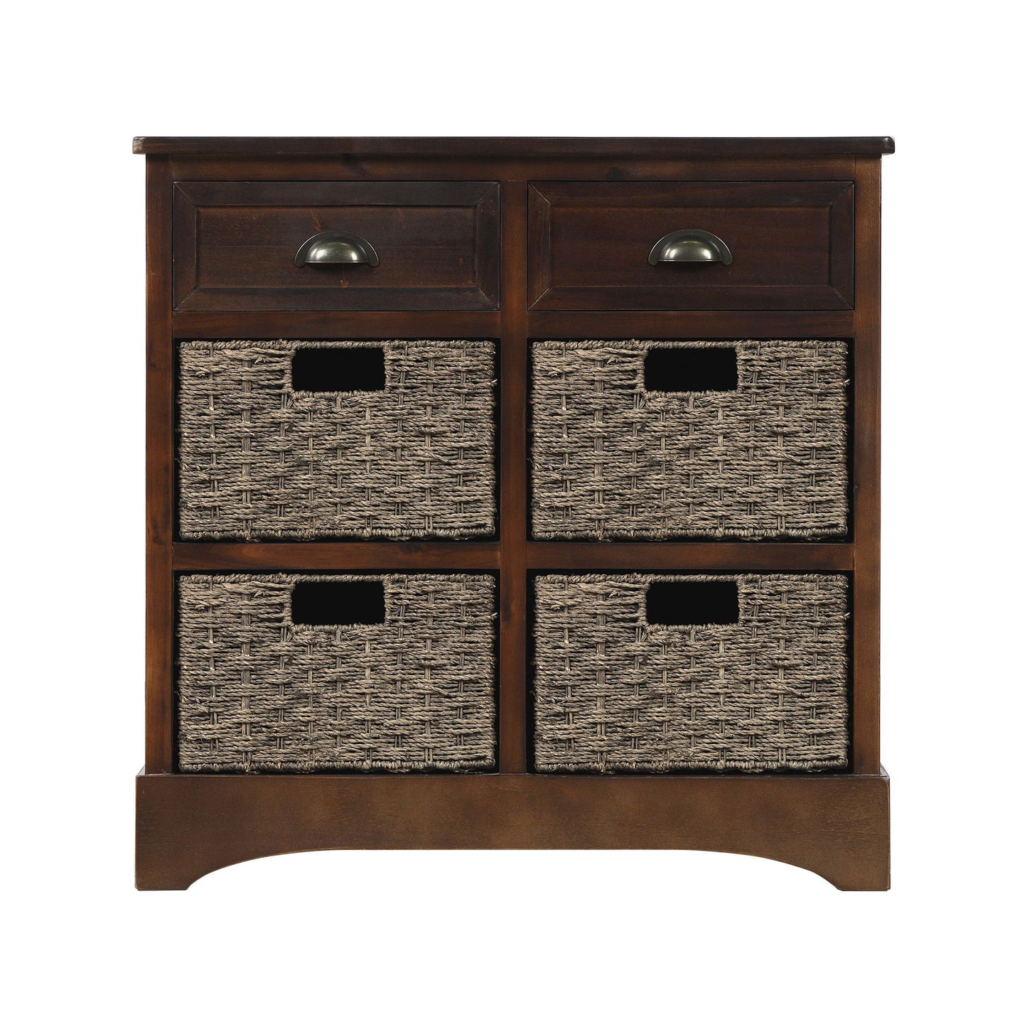 Rustic Storage Cabinet with Two Drawers and Four Rattan Baskets, Modern Farmhouse Style, Acacia Wood Frame, 28" L x 12" W x 28" H, Brown