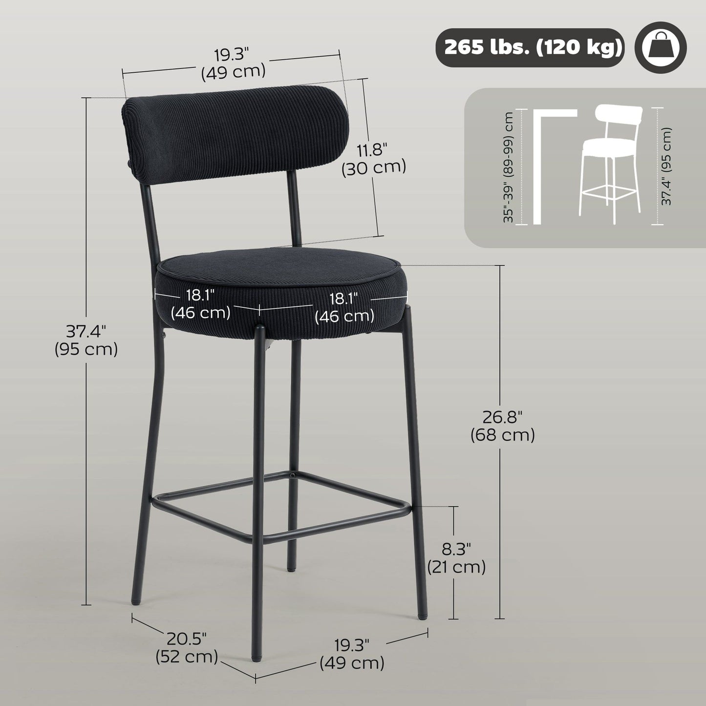 Set of 2 Corduroy Bar Stools with Backrest - Black