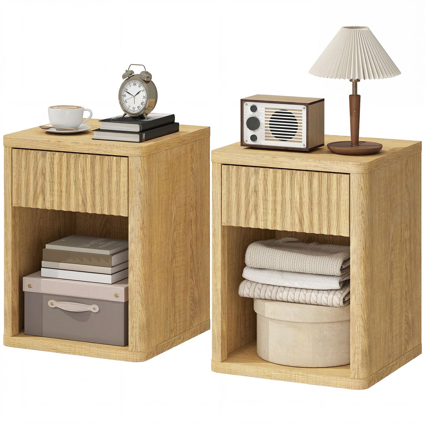 Nightstand with Drawer and Open Shelf, Modern Bedside Table Set of 2 for Bedroom Living Room, Oak