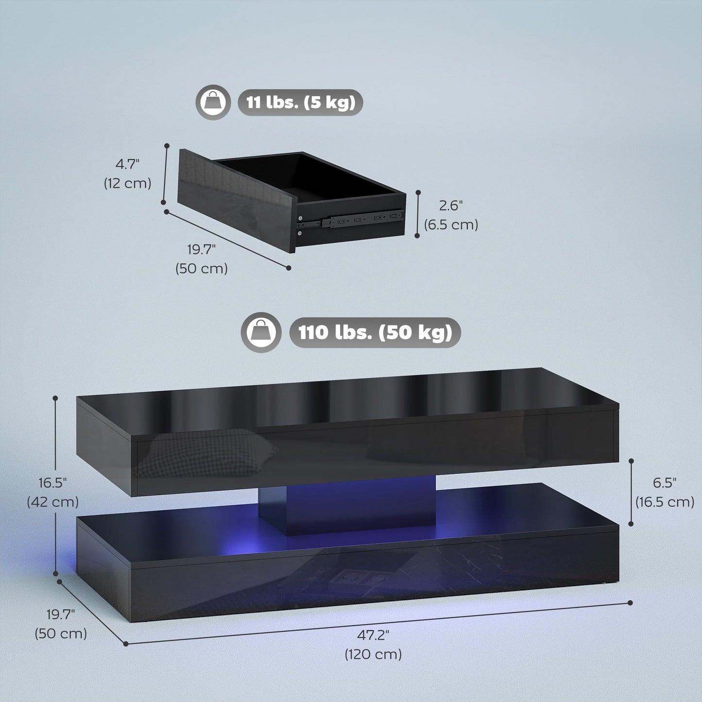 LED Coffee Table with 2 Drawers and Shelf - High Gloss Black