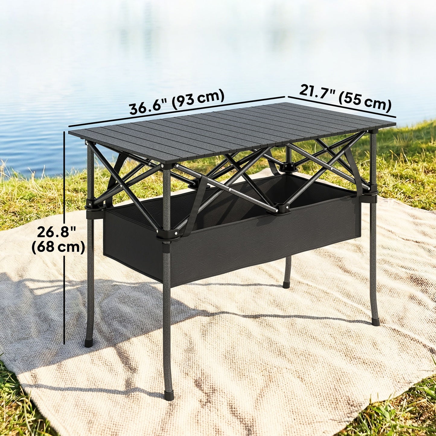 3ft Folding Camping Table, Picnic Table with Mesh Storage Net, Carrying Bag and Metal Frame, Black