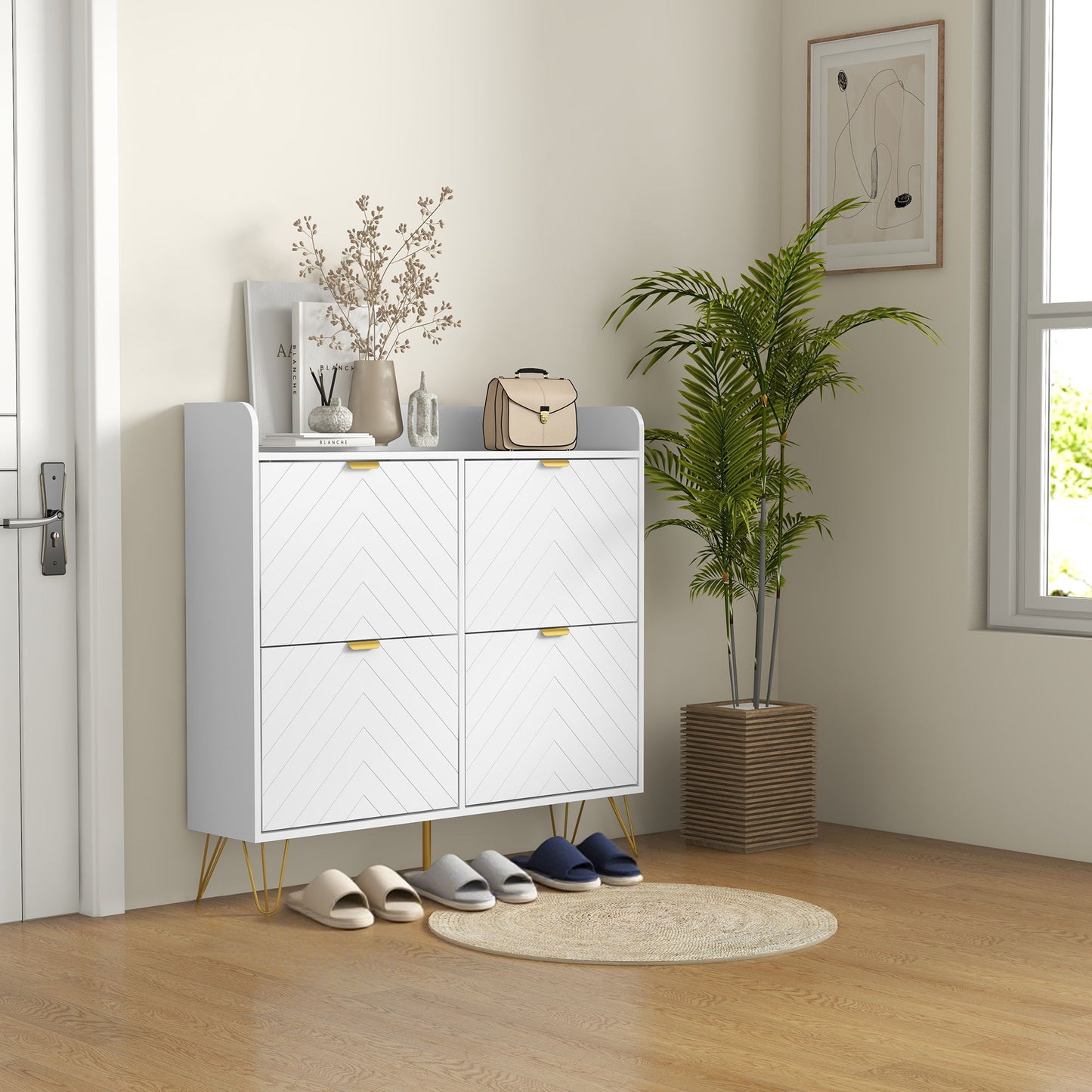Shoe Storage Cabinet with 4 Flip Drawers and Adjustable Shelf, Shoe Cabinet for 16 Pairs of Shoes, White