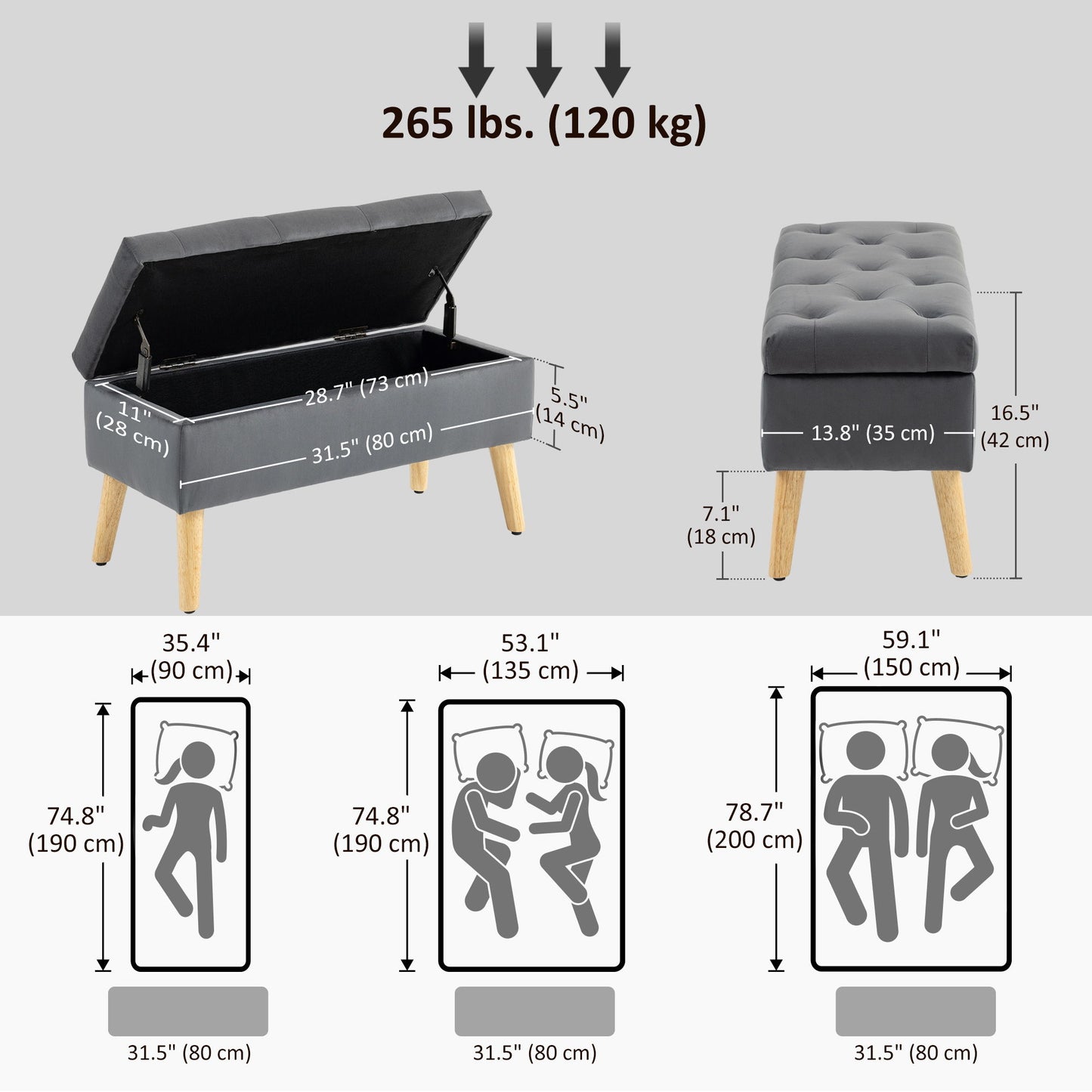 Storage Ottoman with Lid, Velvet Upholstered Storage Bench with Wood Legs for Living Room, Charcoal Grey