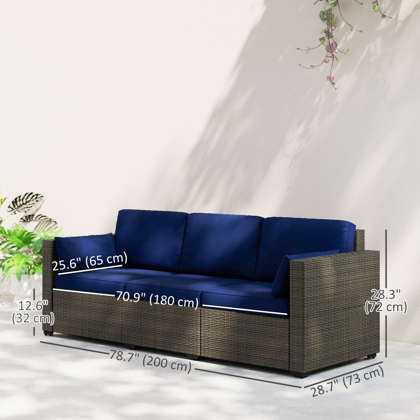3-Seater Outdoor Sofa with Cushions, PE Rattan Conversation Patio Couch with Pillows for Garden, Poolside, Blue/Brown