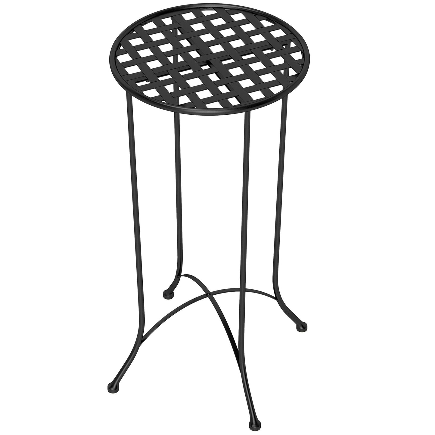 16" Round Outdoor Table, Small Patio Side Table, Metal End Table Plant Stand with Grid Top for Indoor, Garden, Black