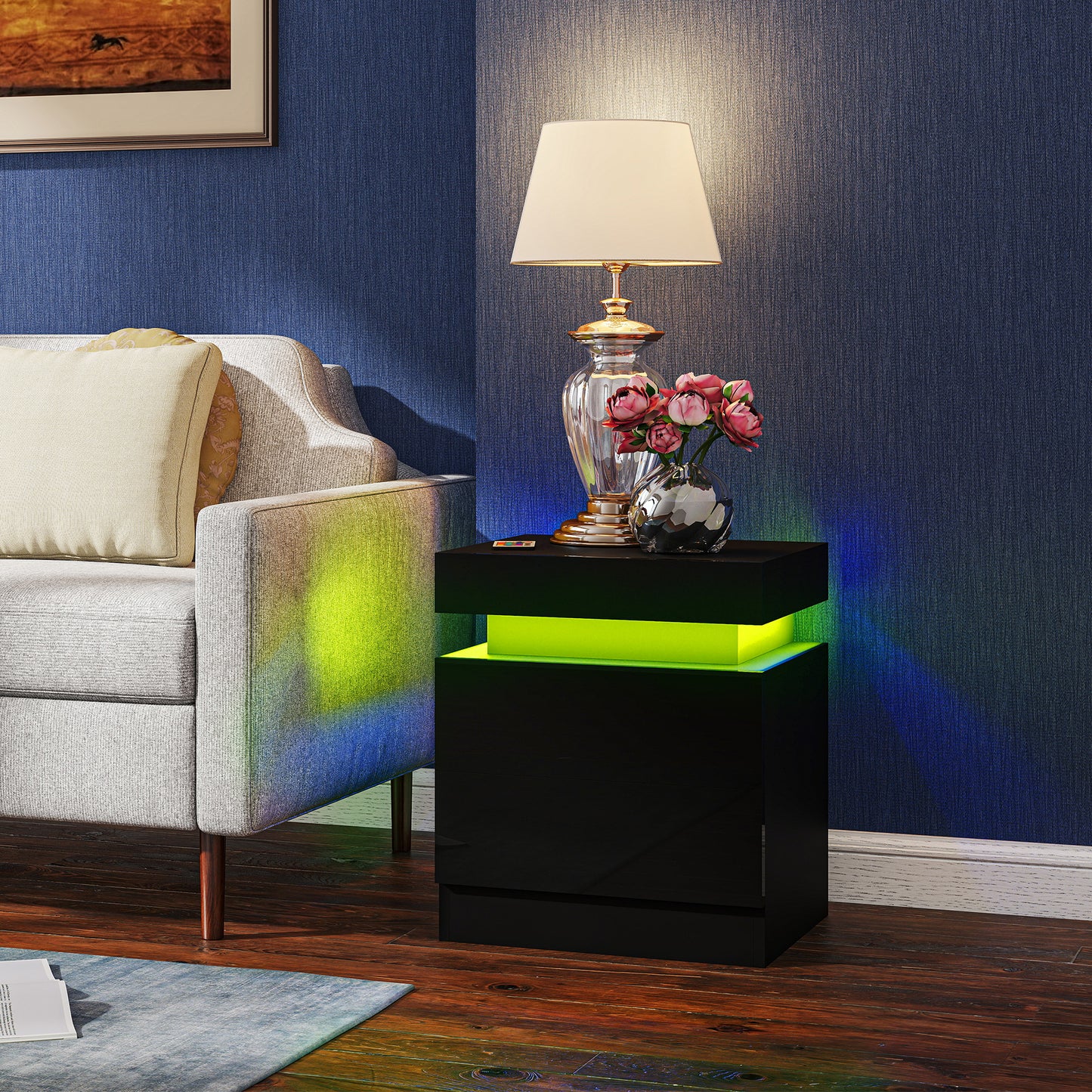 Nightstand Set of 2, End Side Tables with LED Lights, Bedside Tables with 2 Drawers, for Bedroom, Black