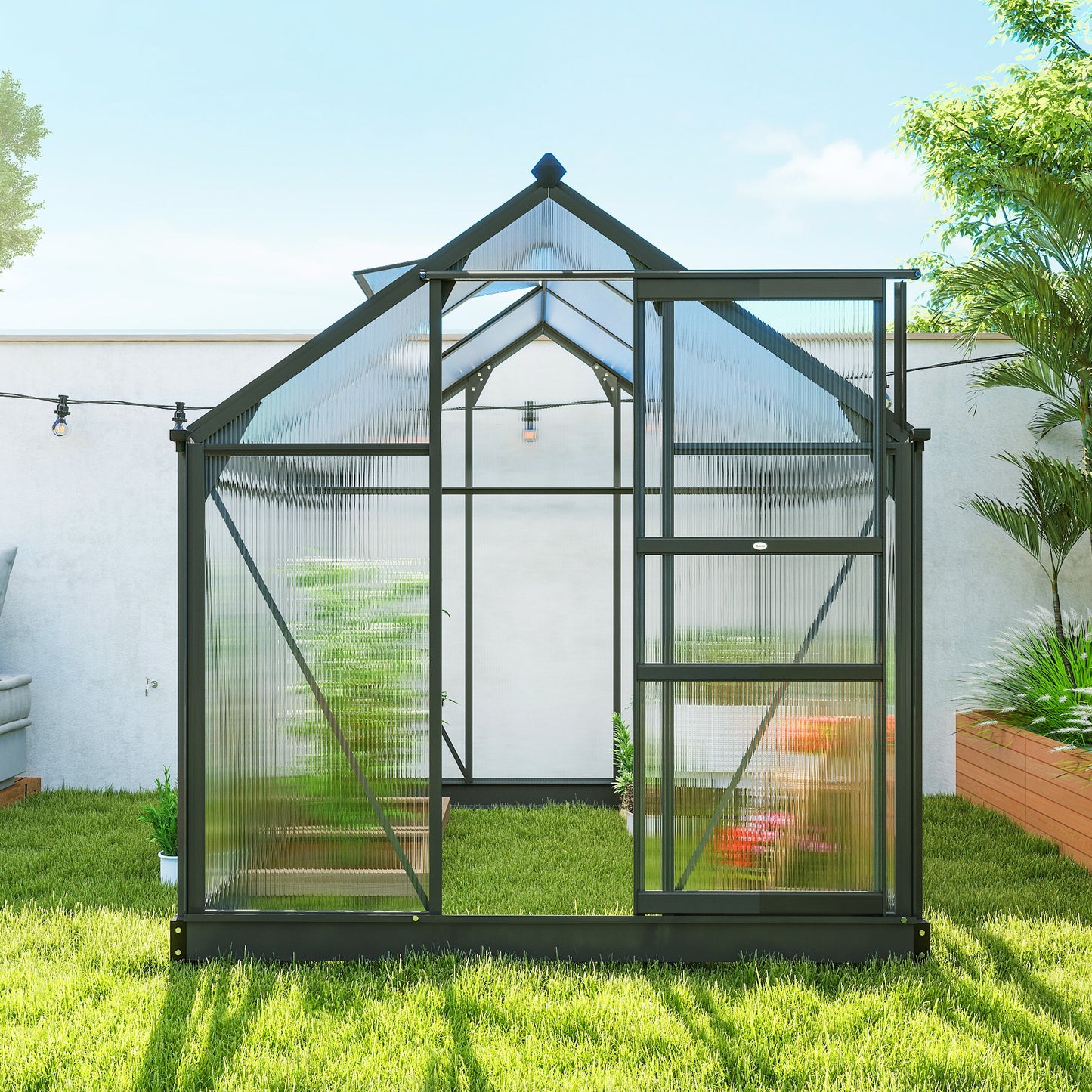 Greenhouse Garden, Green House, Outdoor Greenhouse Kit, PC Board with Sliding Door, 6.2' x 6.3' x 6.6', Grey