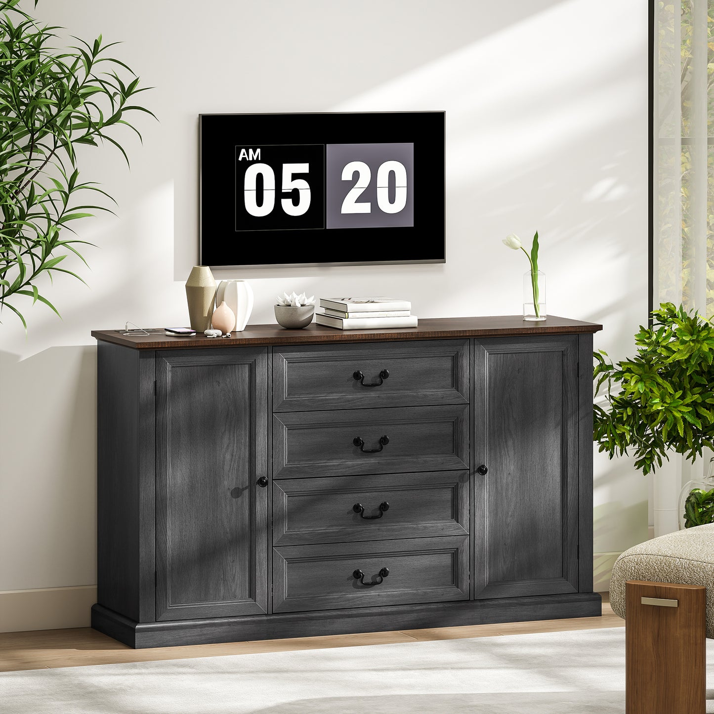 Farmhouse Sideboard with Charging Station, 58" Buffet Cabinet, Kitchen Storage Cabinet with 4 Drawers, 2 Doors, Black