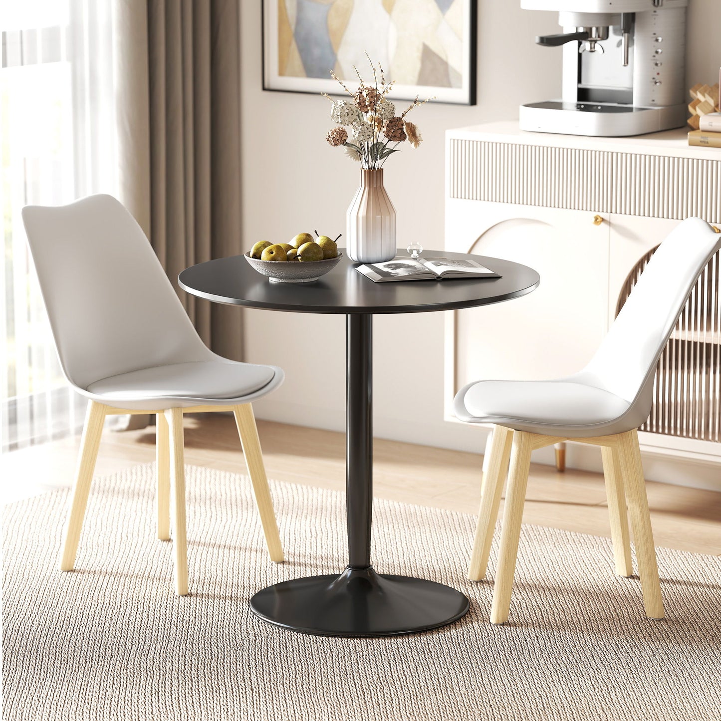 Modern Kitchen Table for 2 People, Round Dining Table with Steel Base for Living Room, Dining Room, Black