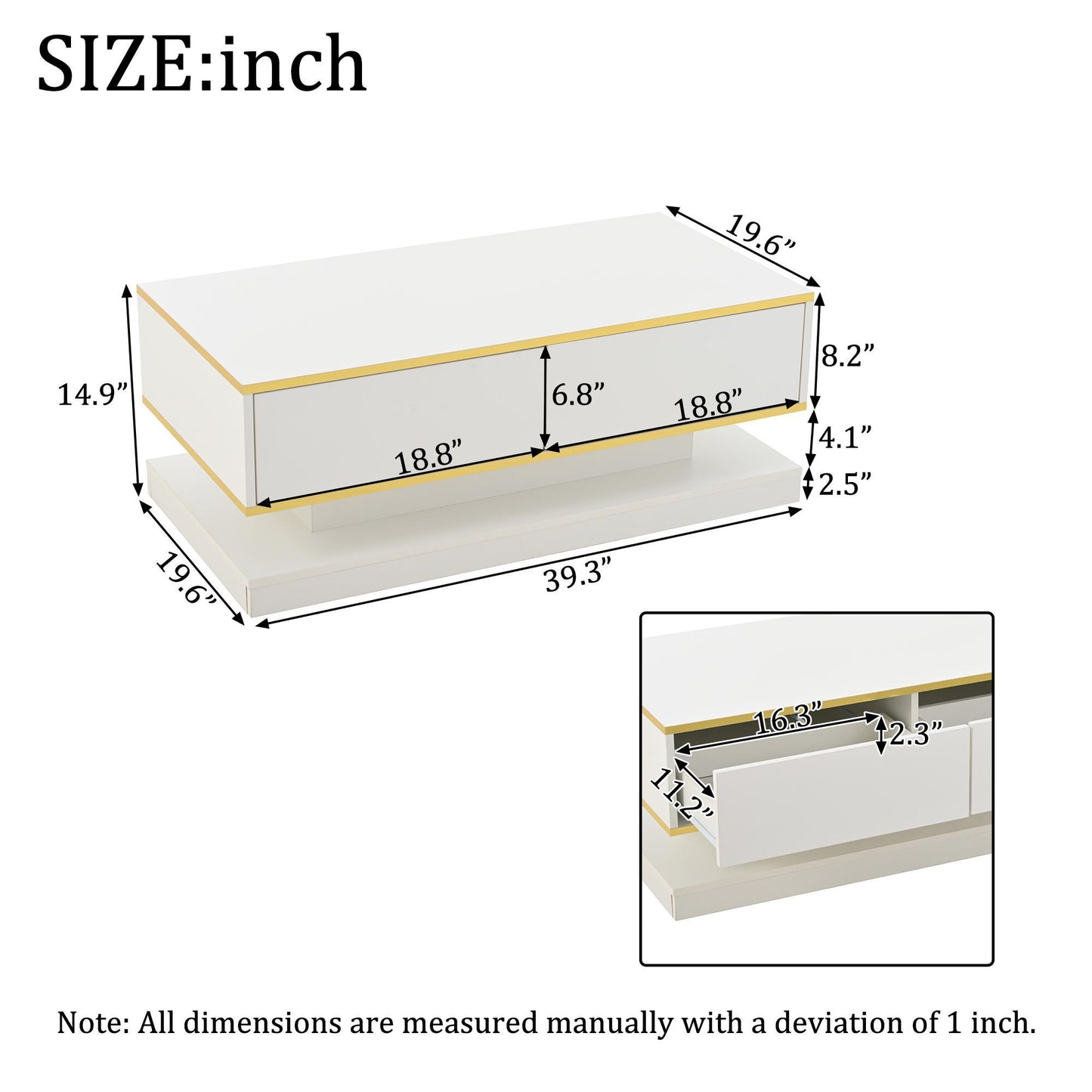 Space-Saving Coffee Table with Bottom-Slide Drawers, High-Gloss Centre Table for Living Room and Office, 39.5'' L x 19.5'' W x 15'' H, White