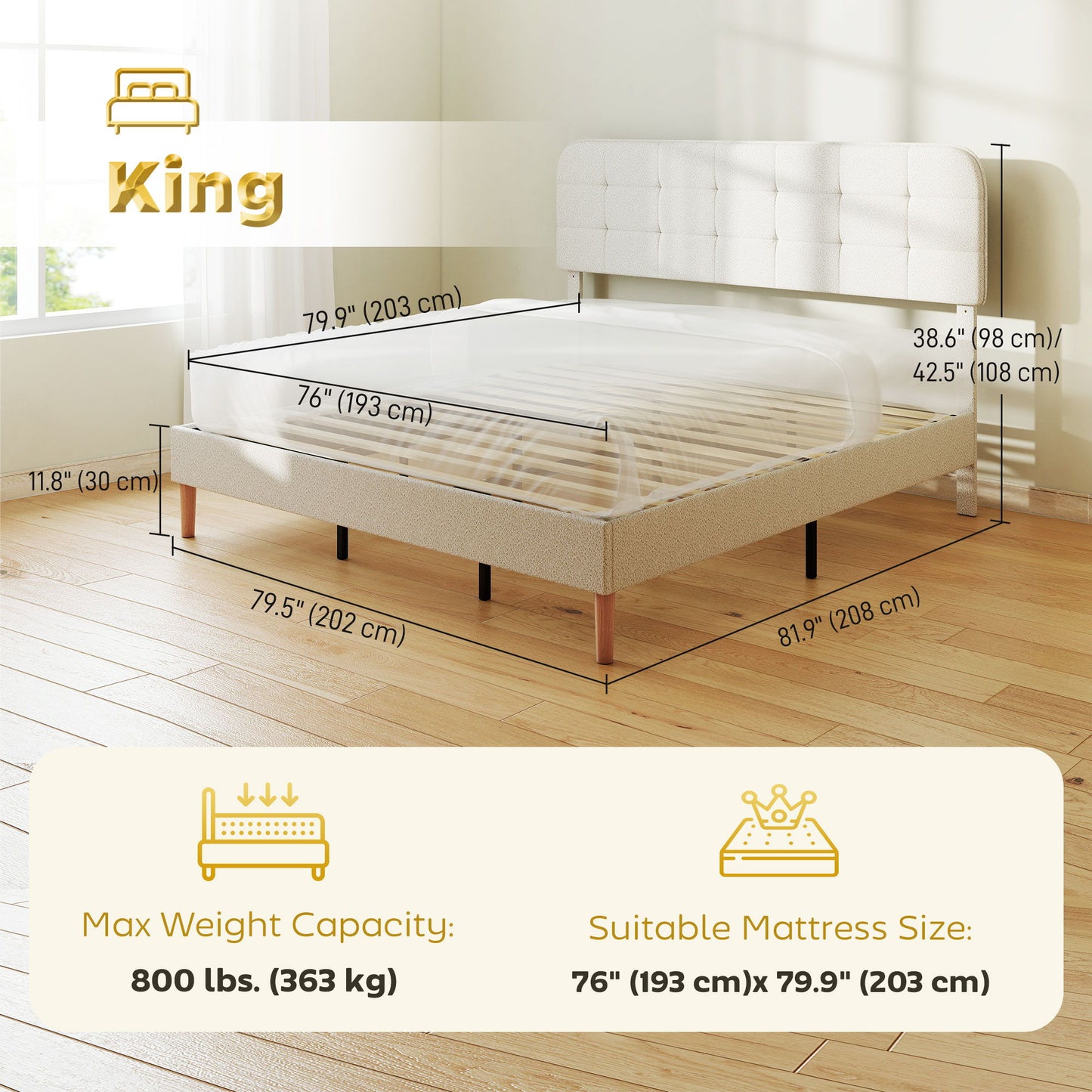 King Size Bed Frame with Adjustable Headboard Upholstered Platform Bed Frame with Wood Slat Support Noise Free White