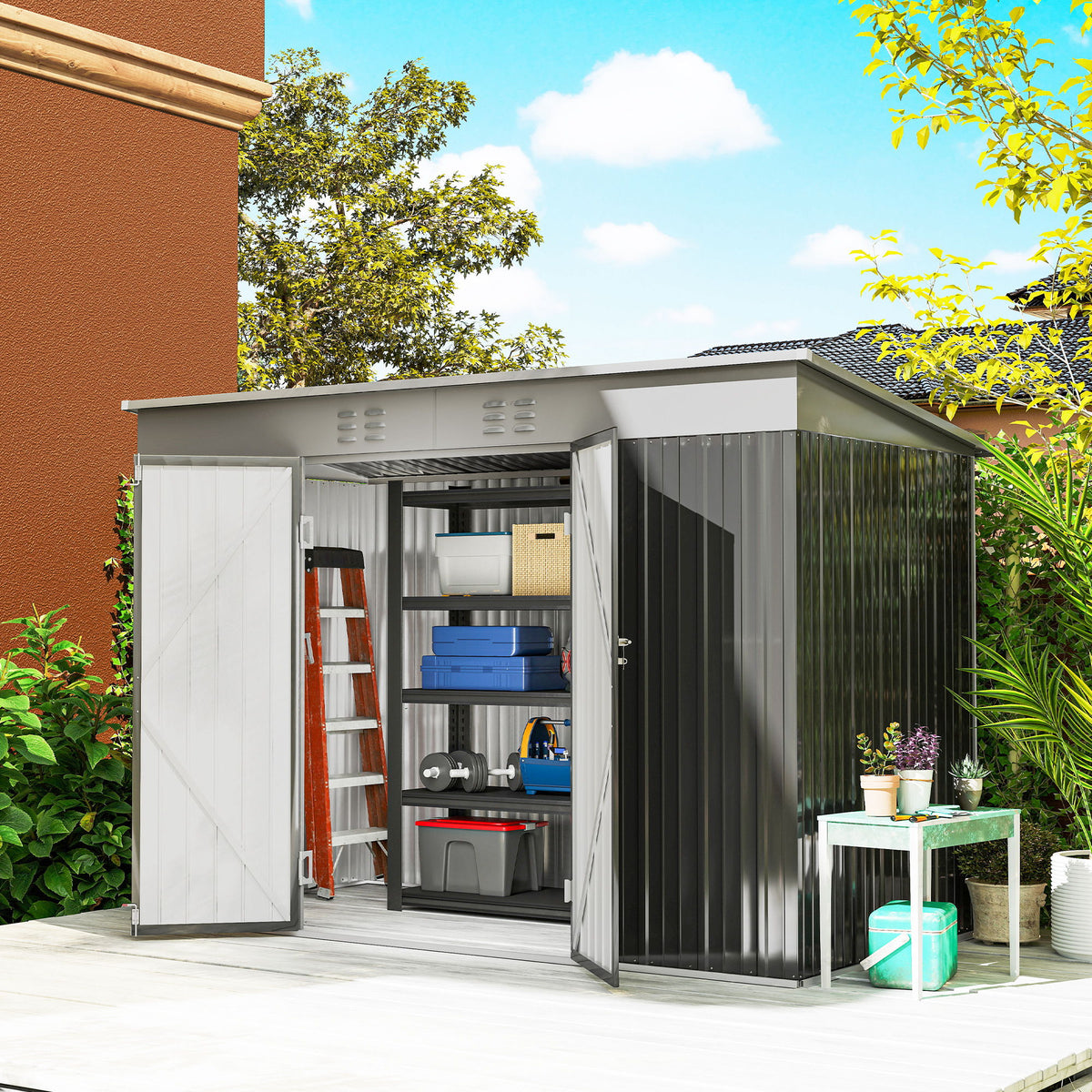 9' x 4' Galvanized Steel Garden Storage Shed with Lockable Doors, Gloves and 2 Air Vents for Backyard, Patio, Lawn