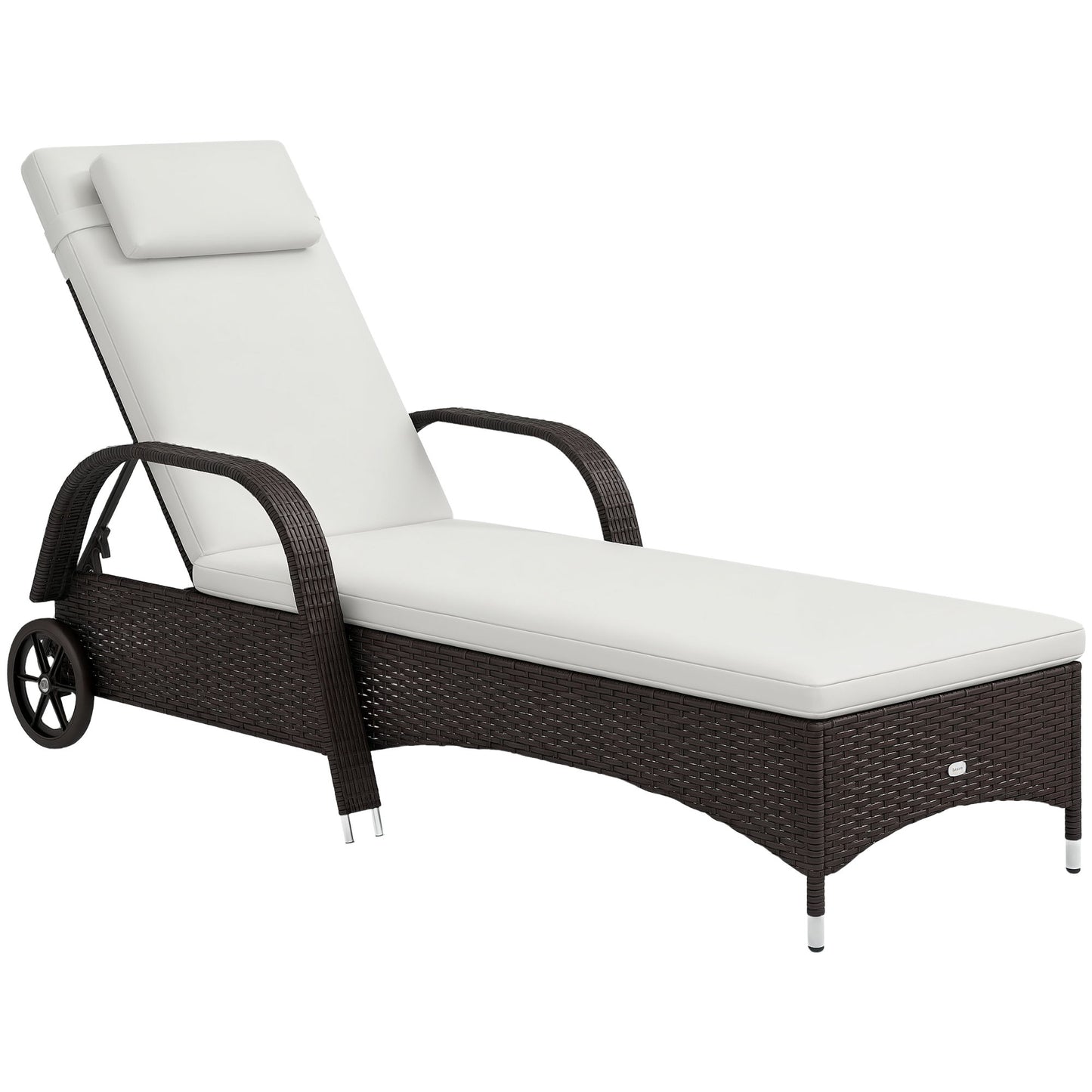 Wicker Chaise Lounge, Outdoor Lounge Chair, PE Rattan Patio Sun lounger with Head-rest, 5-Level Height Adjust Backrest, Cushion & Wheels, Mixed Brown and Cream White