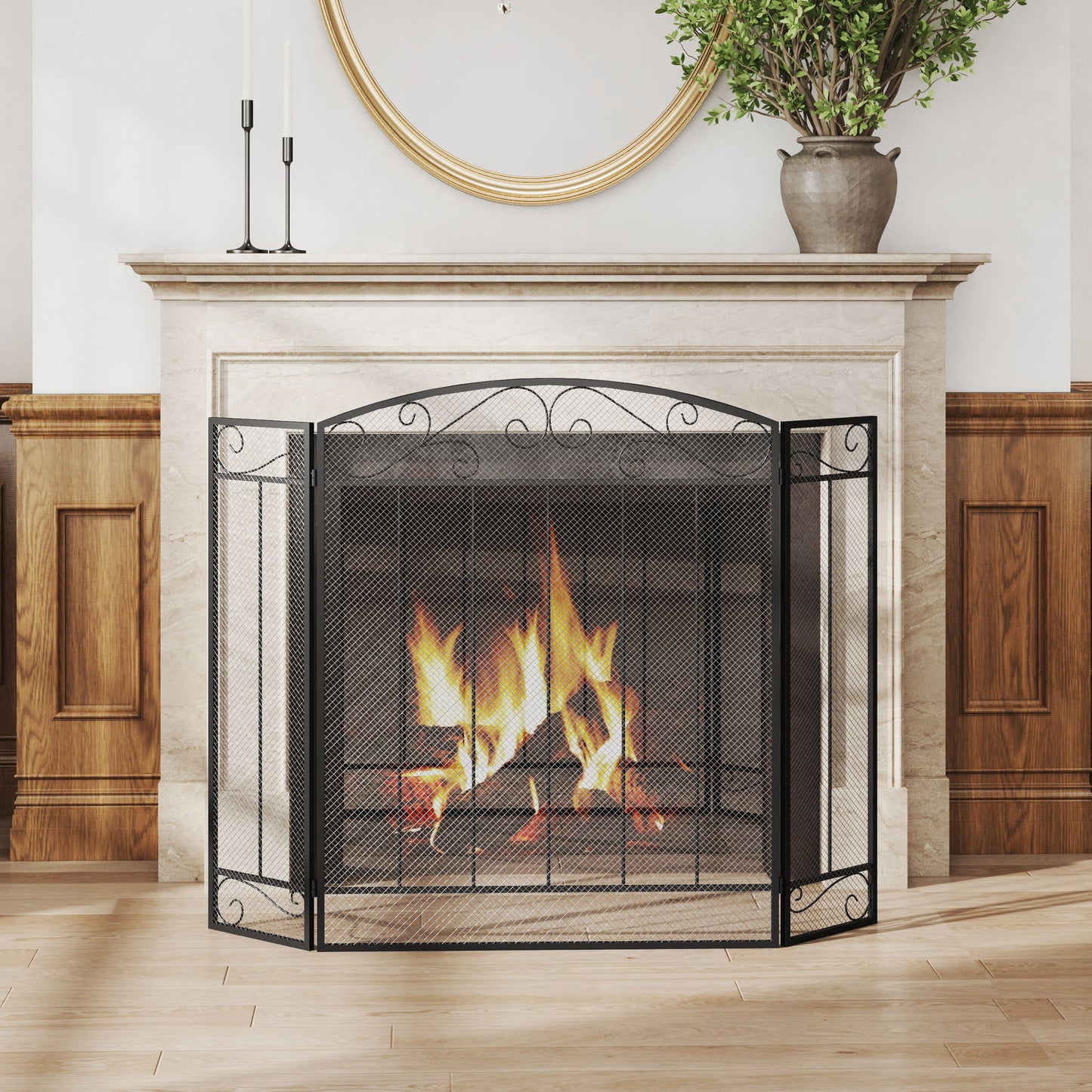 3-Panel Folding Fireplace Screen, Steel Mesh Fire Spark Guard Cover with Decorative Vine Pattern for Living Room Indoor Decor, 41.25" x 31.75", Black