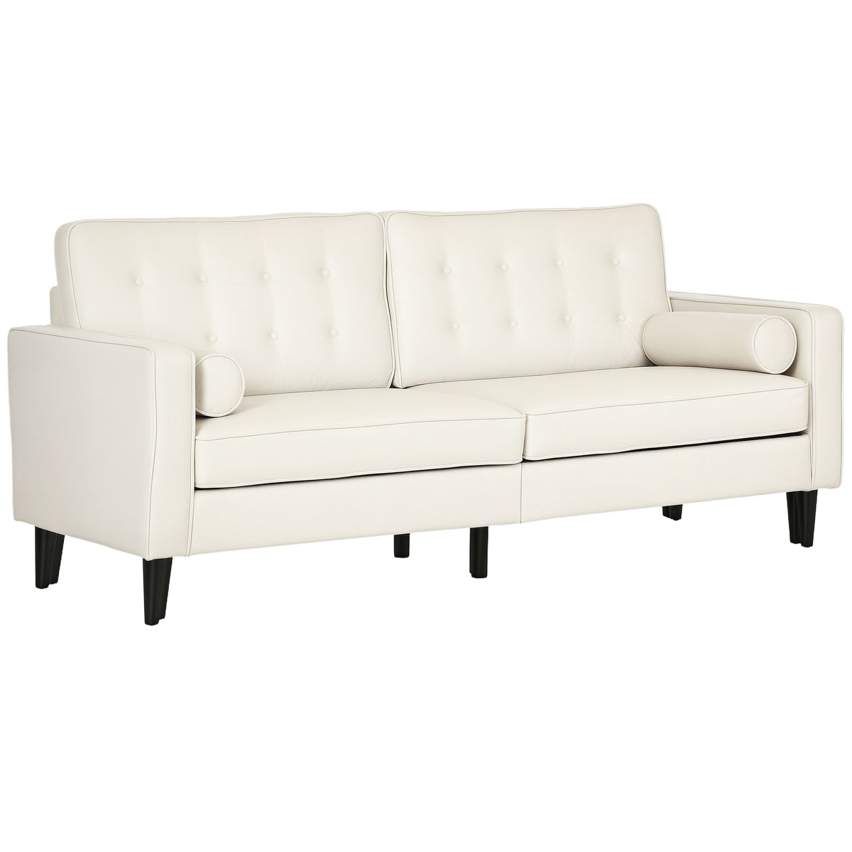 Mid-Century Sofa, Couch with Button-Tufted Back Cushion, Linen Feel Fabric Upholstery, 2 Cylindrical Pillows and Rubber Wood Legs for Living Room, Cream White