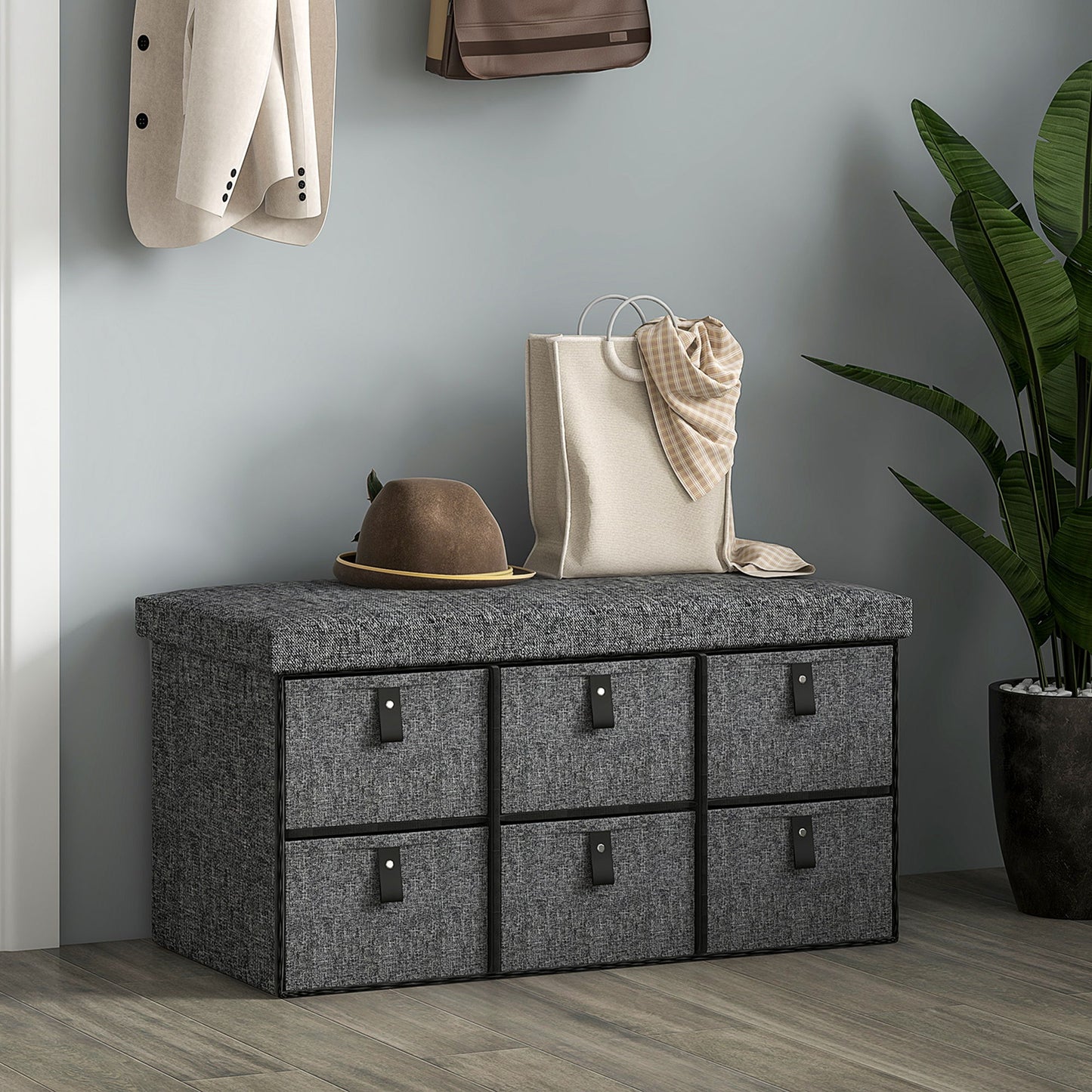 Shoe Bench with Seat, Shoe Storage Bench with Cushion and 6 Fabric Drawers for Entryway, Hallway, Bedroom, Charcoal Grey