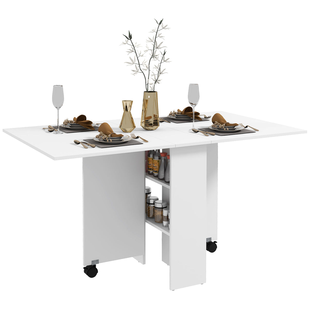 Folding Dining Table, 55" Drop Leaf Table for Small Spaces, Foldable Table with Storage Shelves for Kitchen, Dining Room, White