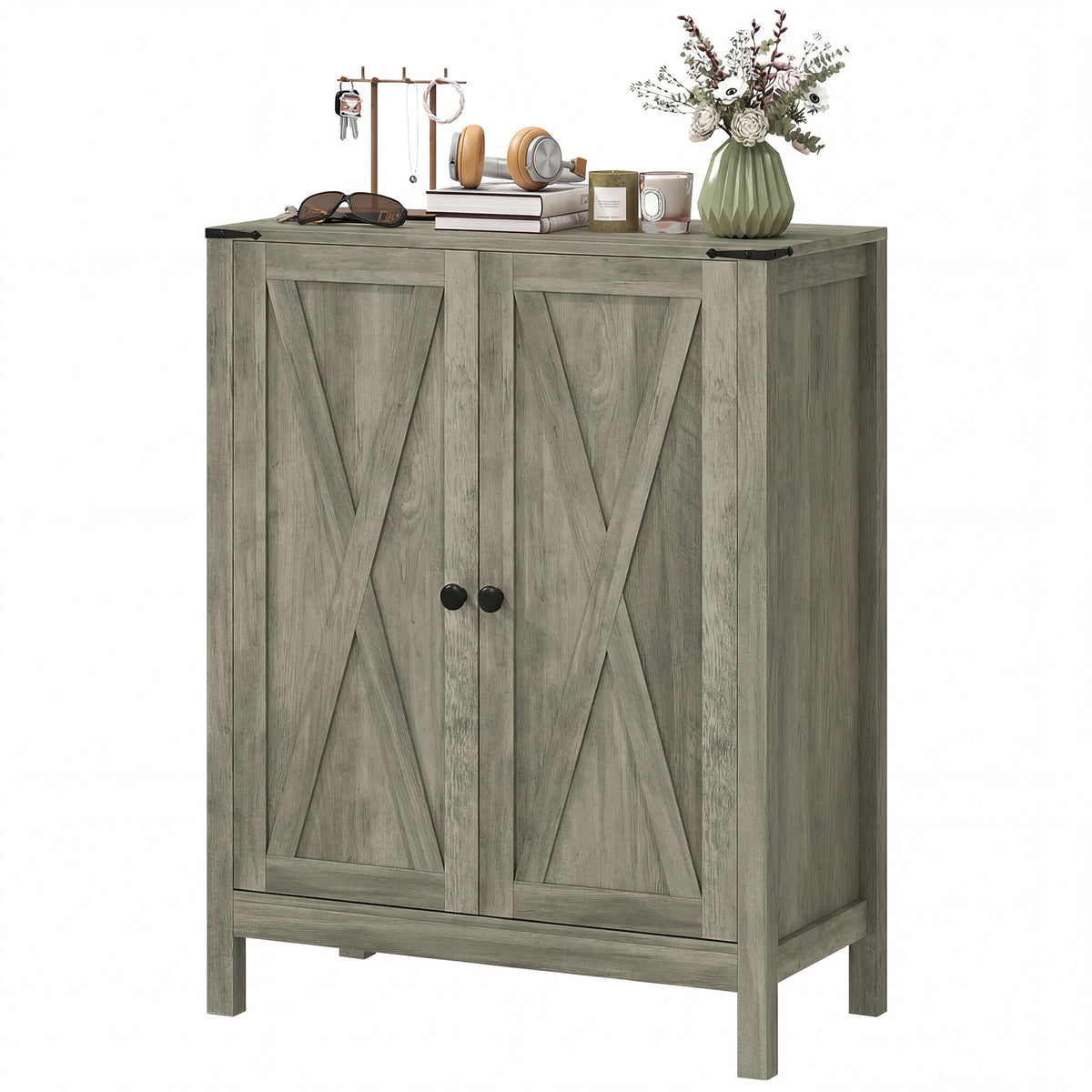 Shoe Cabinet with Barn Doors, Farmhouse Shoe Storage Cabinet with Adjustable Shelves, Holds up to 15 Pairs, Grey
