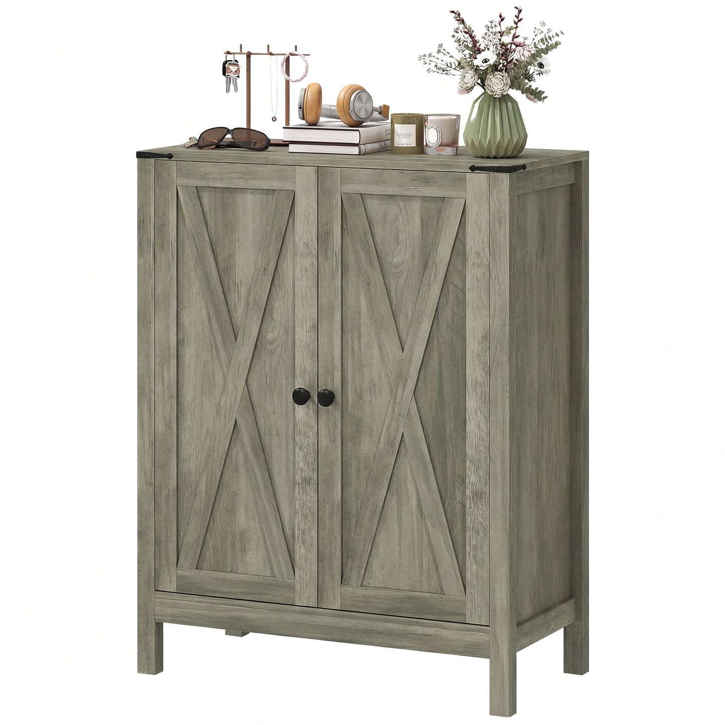 Shoe Cabinet with Barn Doors, Farmhouse Shoe Storage Cabinet with Adjustable Shelves, Holds up to 15 Pairs, Grey
