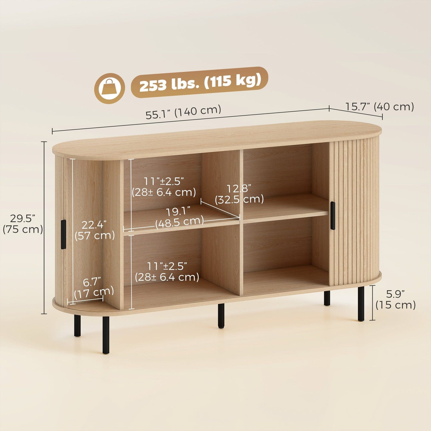 55" Mid-Century Fluted Sideboard with Sliding Doors - Natural