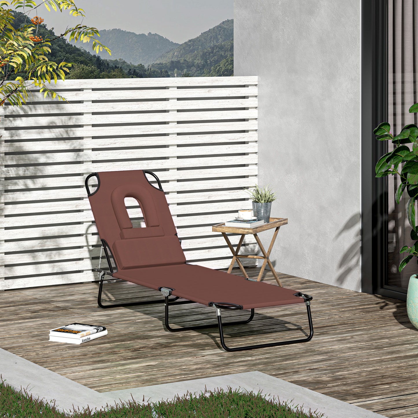 Folding Chaise Lounge Chair, Reclining Beach Tanning Chair with Face Hole, Pillow, 4-Position Adjustable Lay Flat Sun Lounger, Steel Frame for Outdoor Patio Pool, Brown