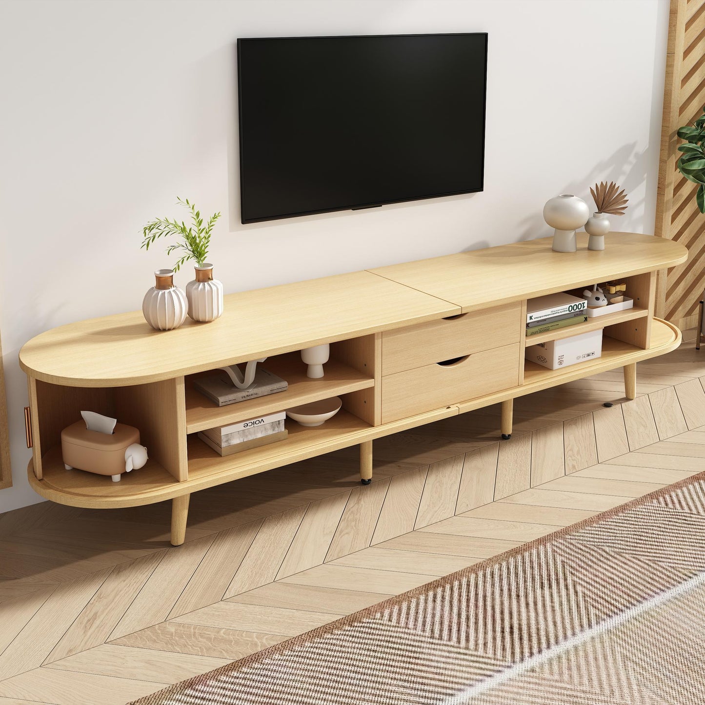 Stylish TV Stand with Rounded Corners and Oval Top, Versatile TV Cabinet for Living Room, 69" L x 15.5" W x 16.5" H, Natural Wood