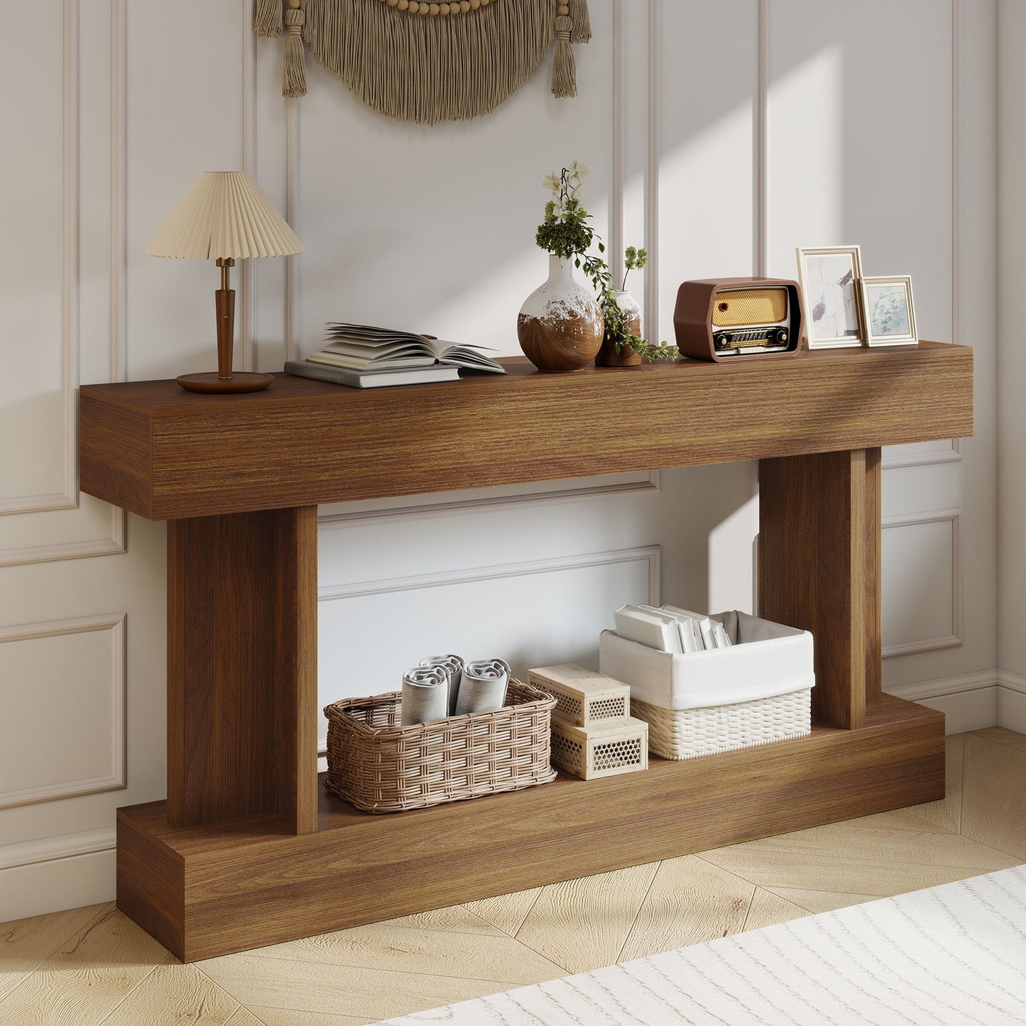 63 Inch Long Console Table, Vintage Narrow Entryway Table with Storage Shelf for Living Room and Hallway, Dark Brown