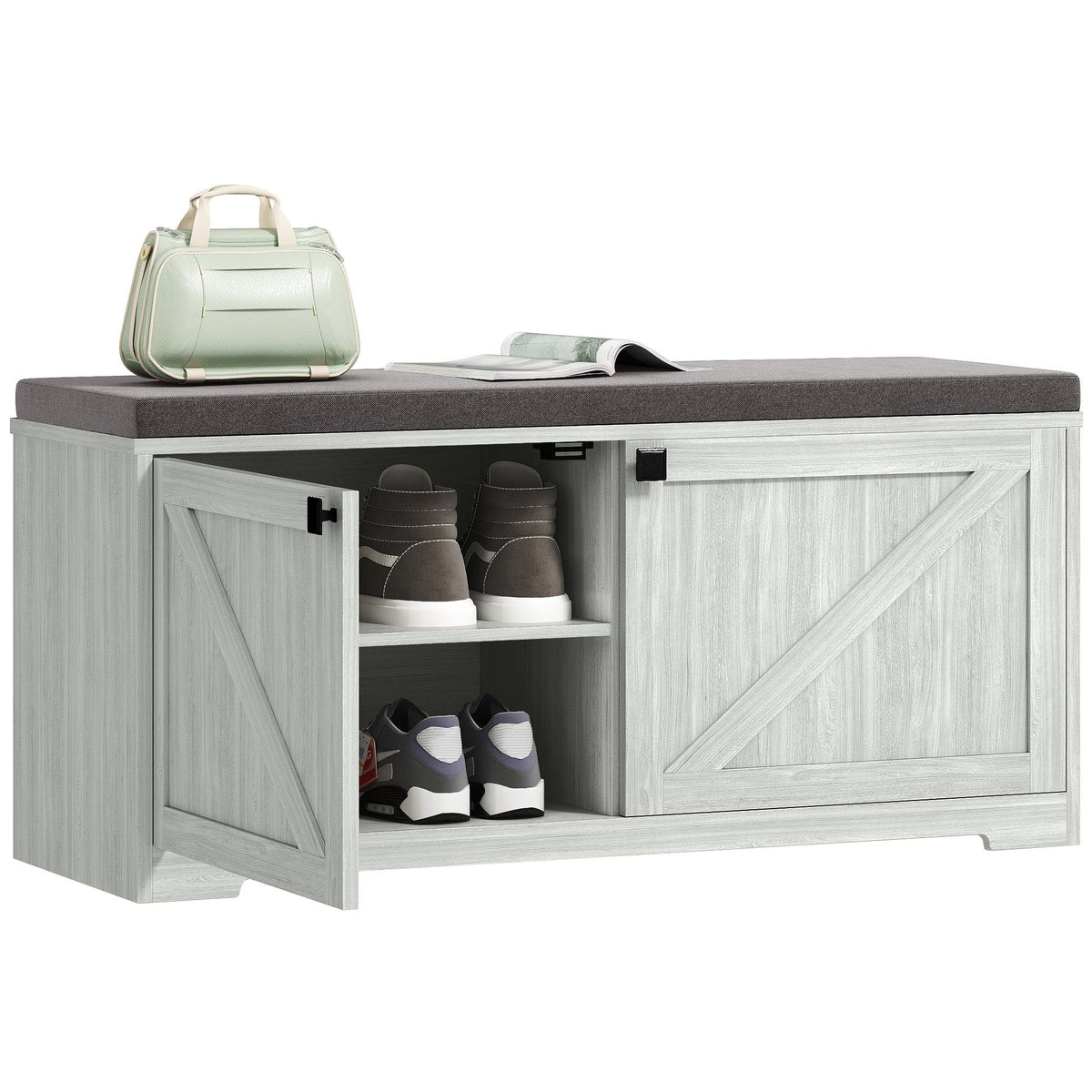 Shoe Storage Bench with Padded Seat - Light Grey