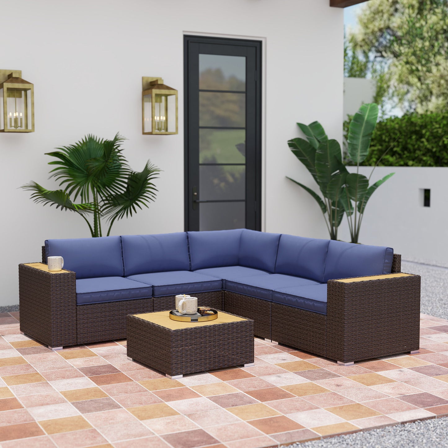 6 Pieces Outdoor Rattan Patio Furniture Set with Corner Sofa, Wood-Plastic Coffee Table, Navy Blue