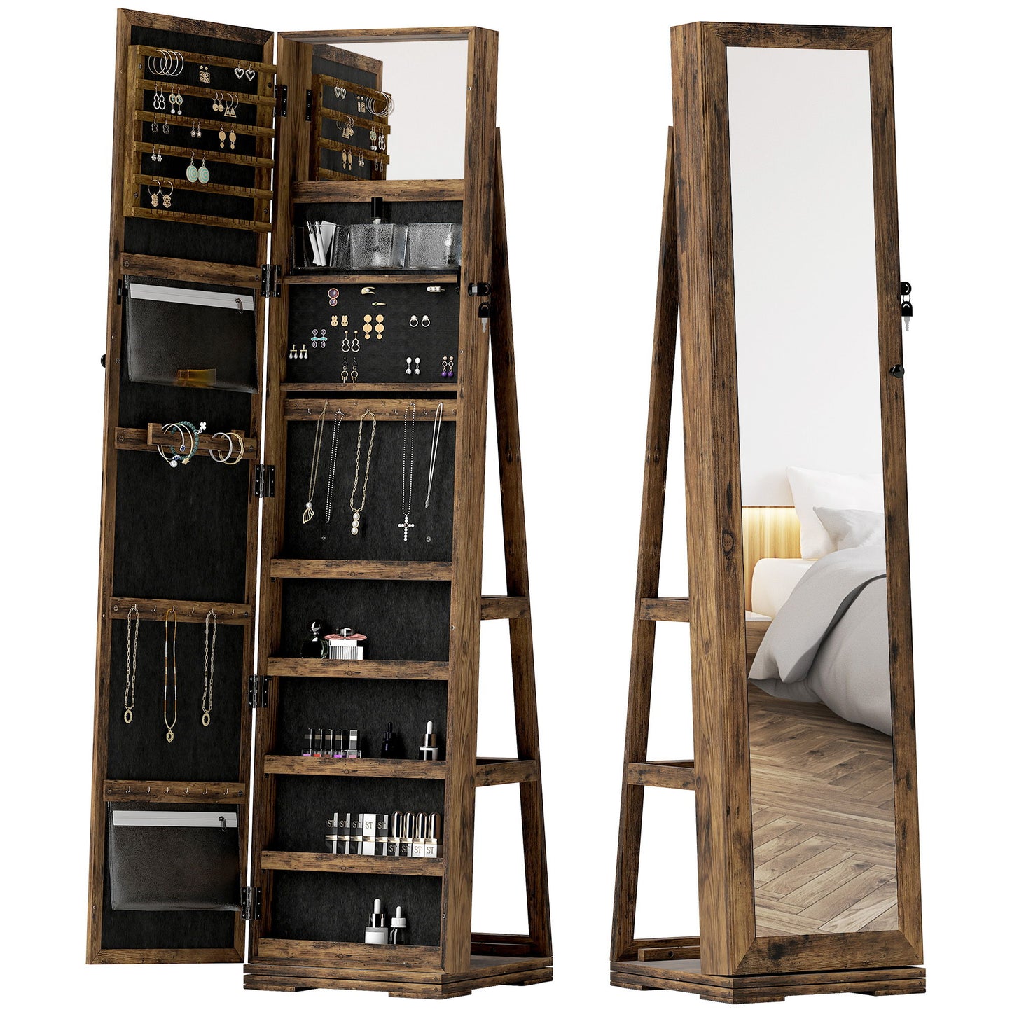 360° Swivel Jewelry Armoire, Lockable Mirror Jewelry Cabinet with Built-In Small Mirror, Rustic Brown