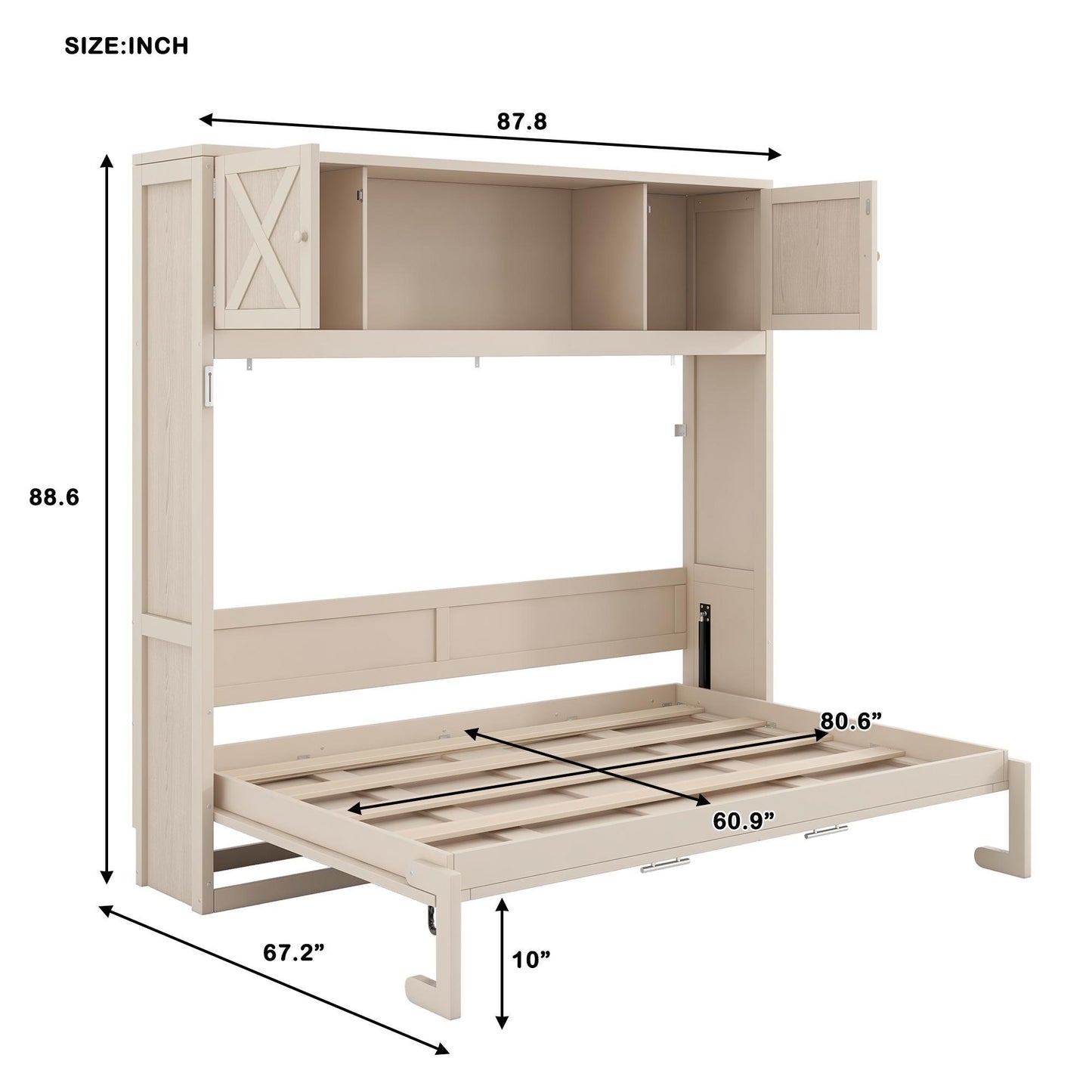 Stylish Murphy Bed with Storage Cabinets and X-Style Accent, Space-Saving Wall Bed with MDF Construction, 88" L x 67" W x 88.5" H, Beige