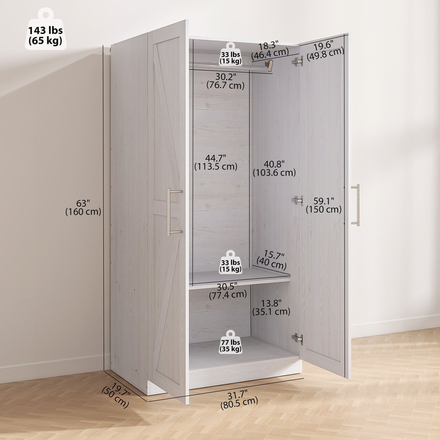 Wardrobe Cabinet with Hanging Rod, Anti-Tipping and 2 Barn Doors, Farmhouse Wardrobe Closet for Bedroom, White Wood Effect
